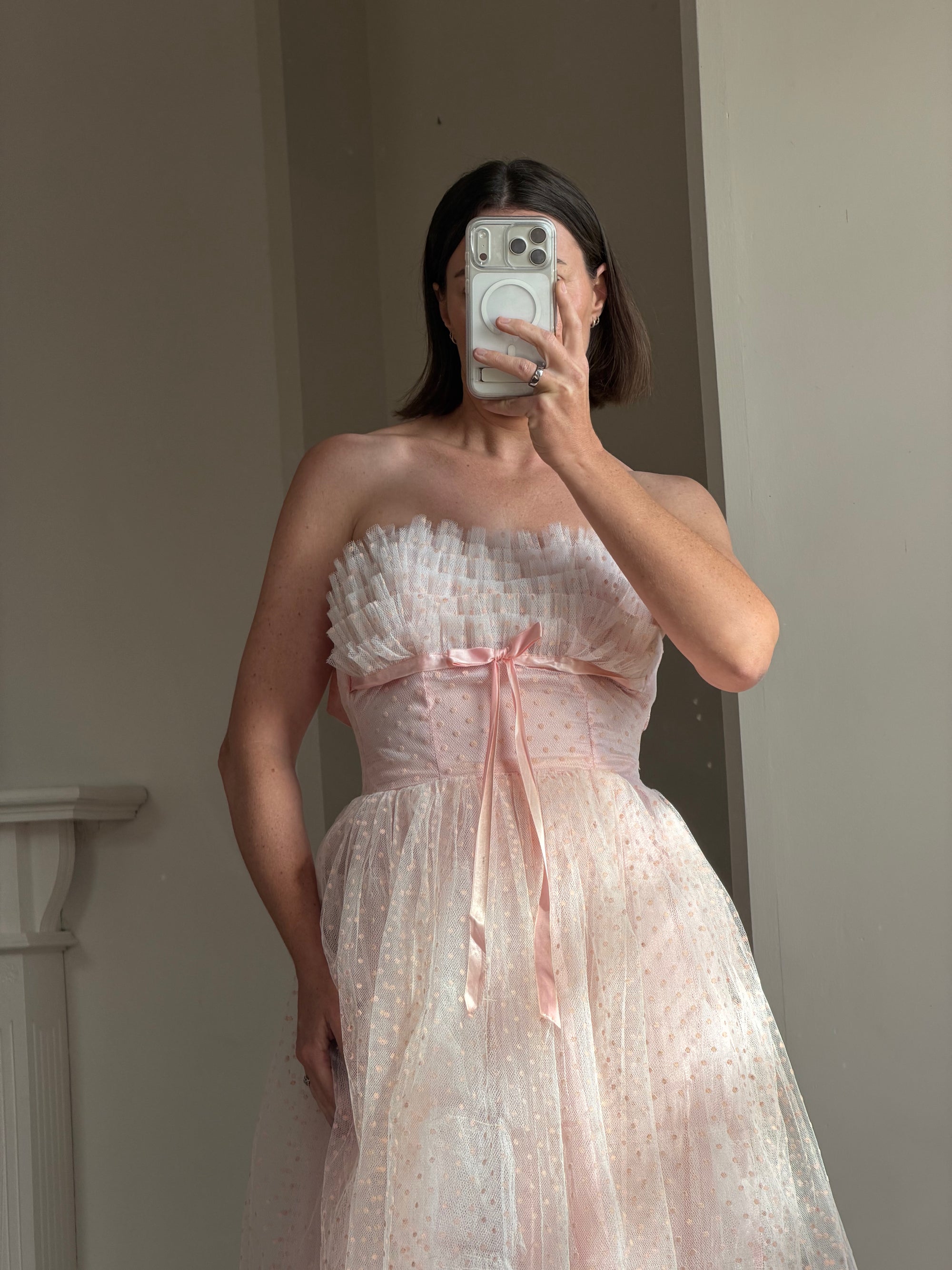 Vintage 50s Pale Pink Swiss Dot Tulle Strapless Dress