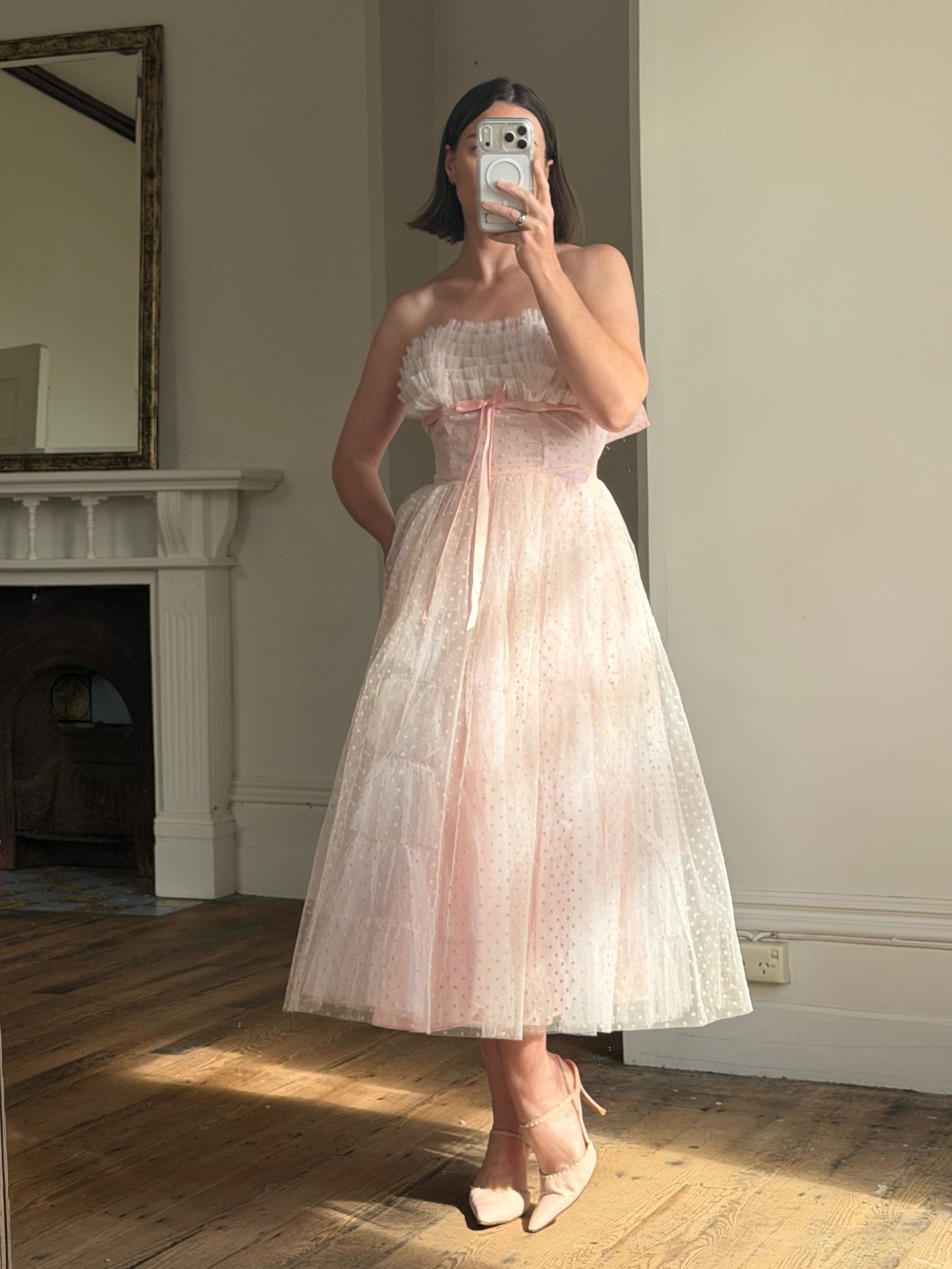 Vintage 50s Pale Pink Swiss Dot Tulle Strapless Dress