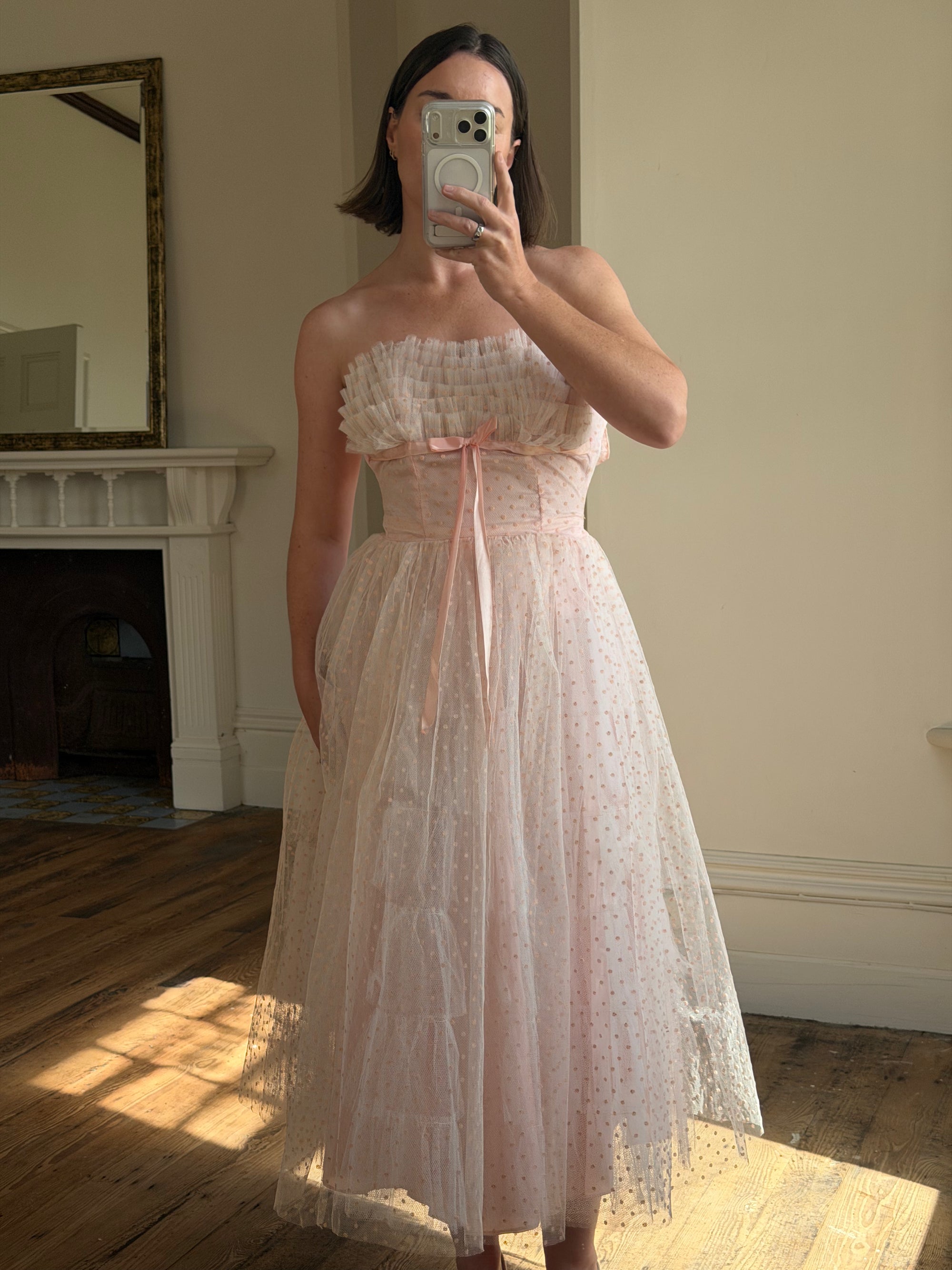 Vintage 50s Pale Pink Swiss Dot Tulle Strapless Dress