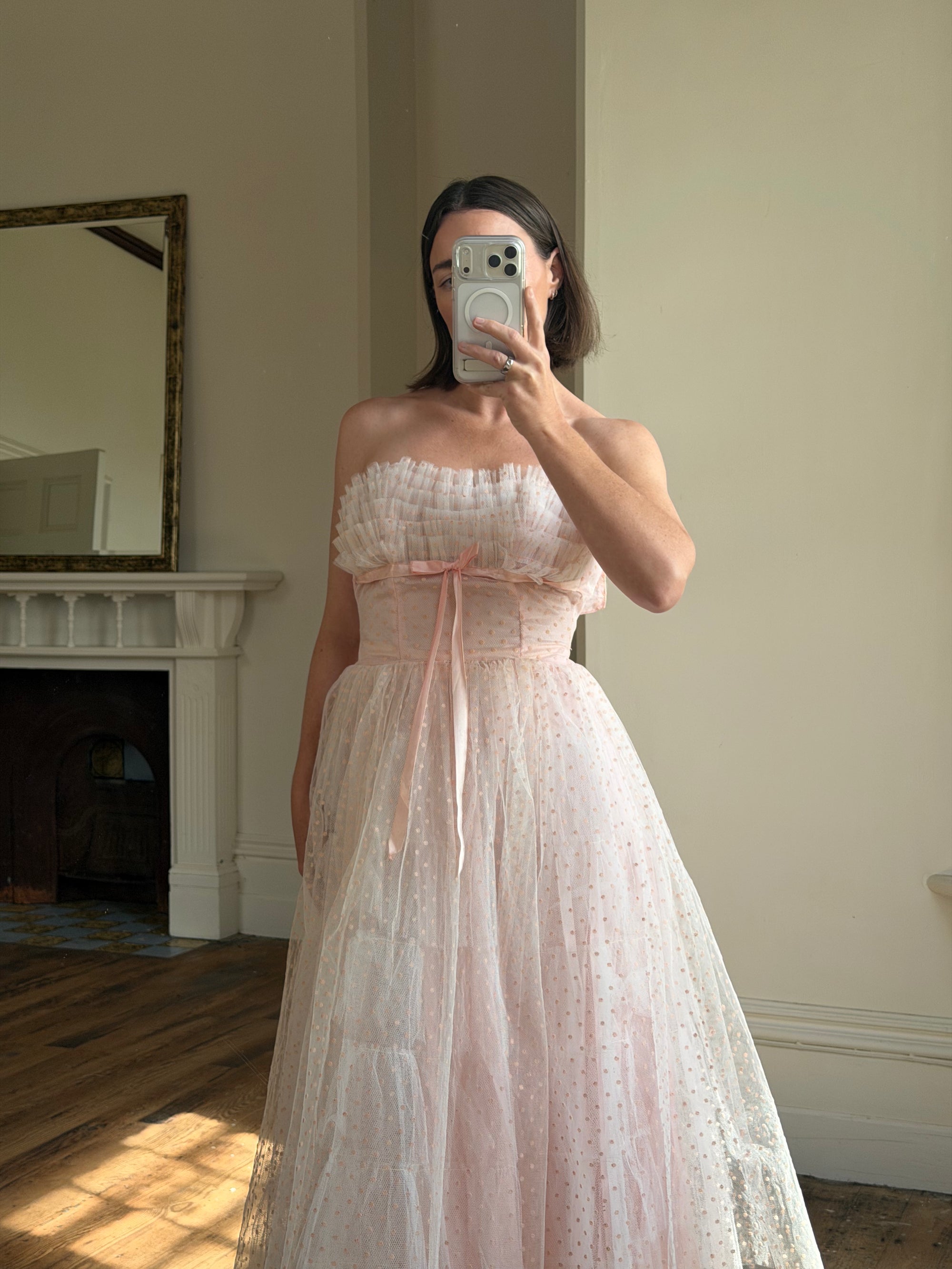 Vintage 50s Pale Pink Swiss Dot Tulle Strapless Dress