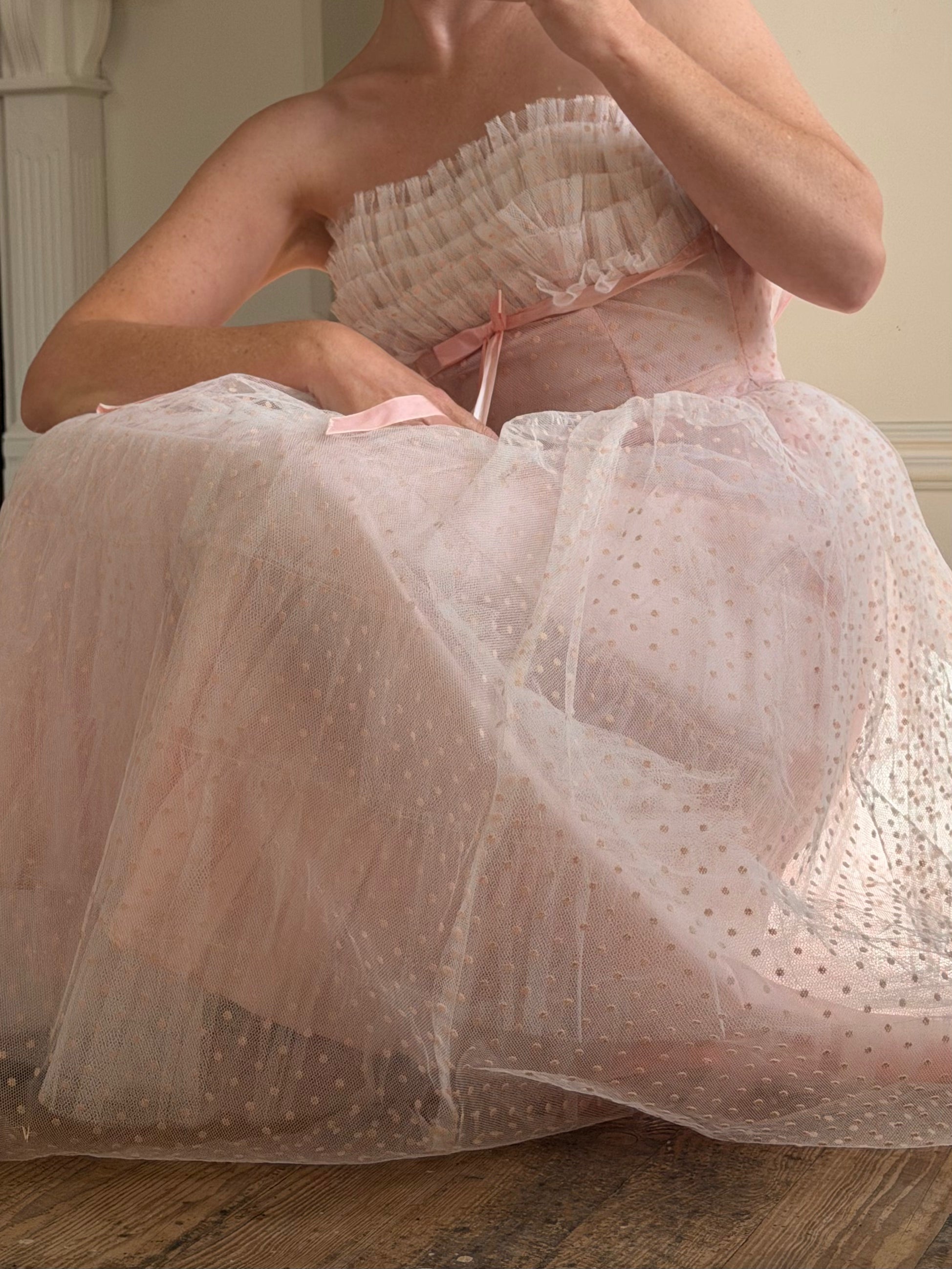 Vintage 50s Pale Pink Swiss Dot Tulle Strapless Dress