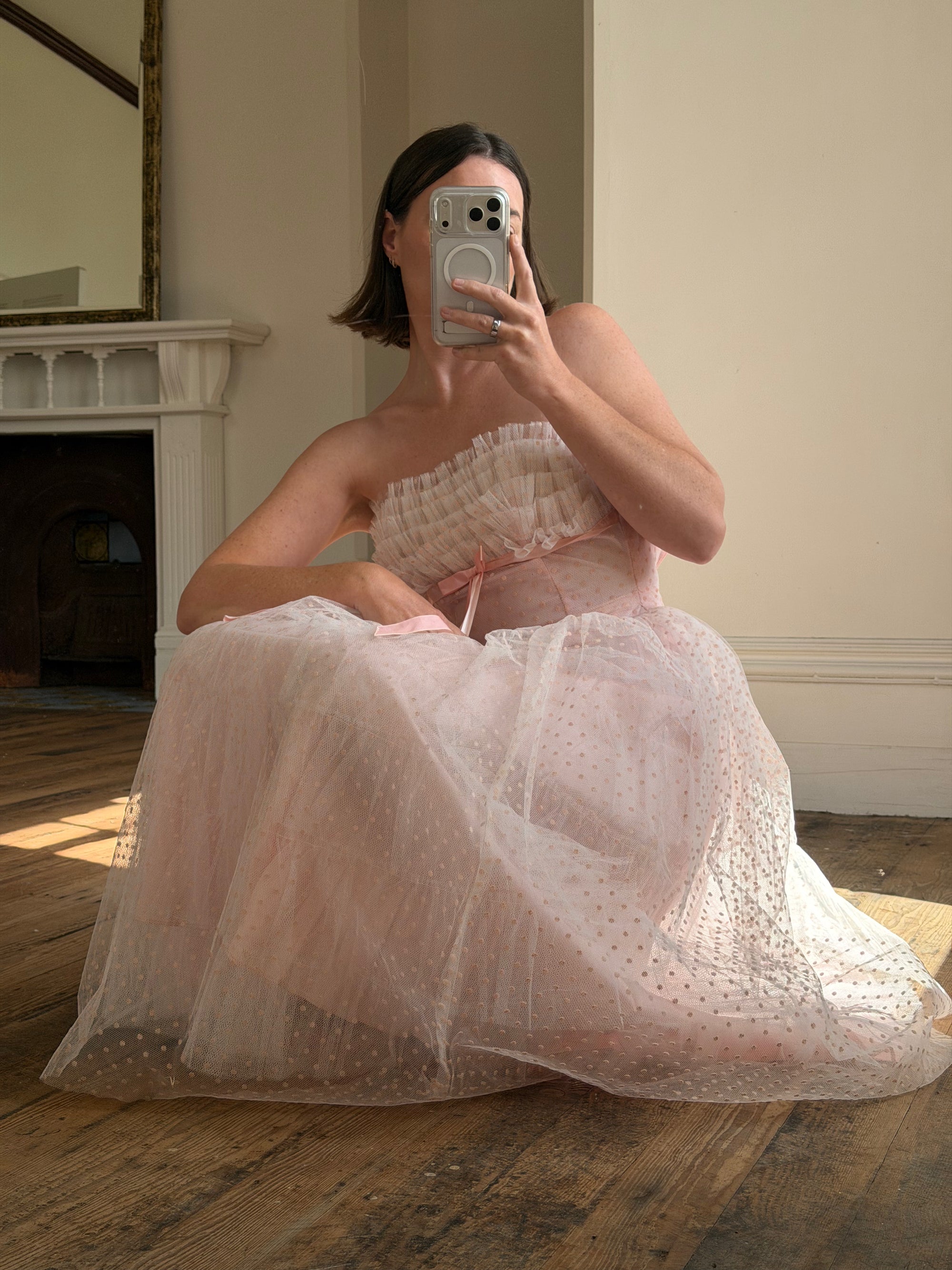 Vintage 50s Pale Pink Swiss Dot Tulle Strapless Dress