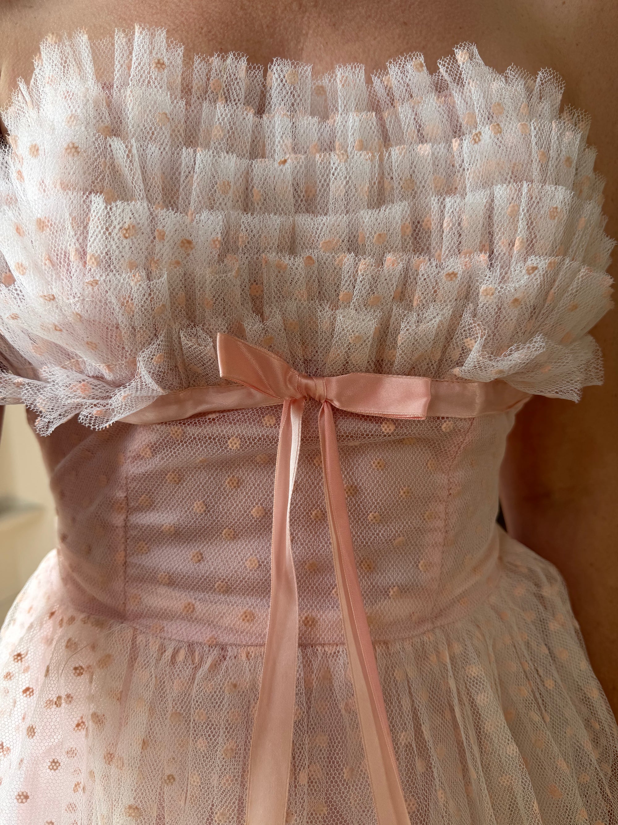 Vintage 50s Pale Pink Swiss Dot Tulle Strapless Dress