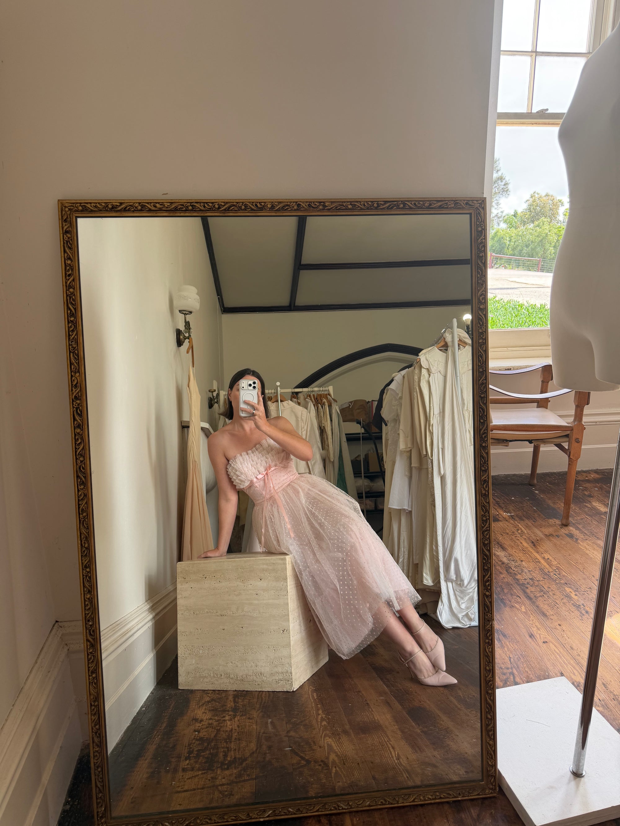 Vintage 50s Pale Pink Swiss Dot Tulle Strapless Dress