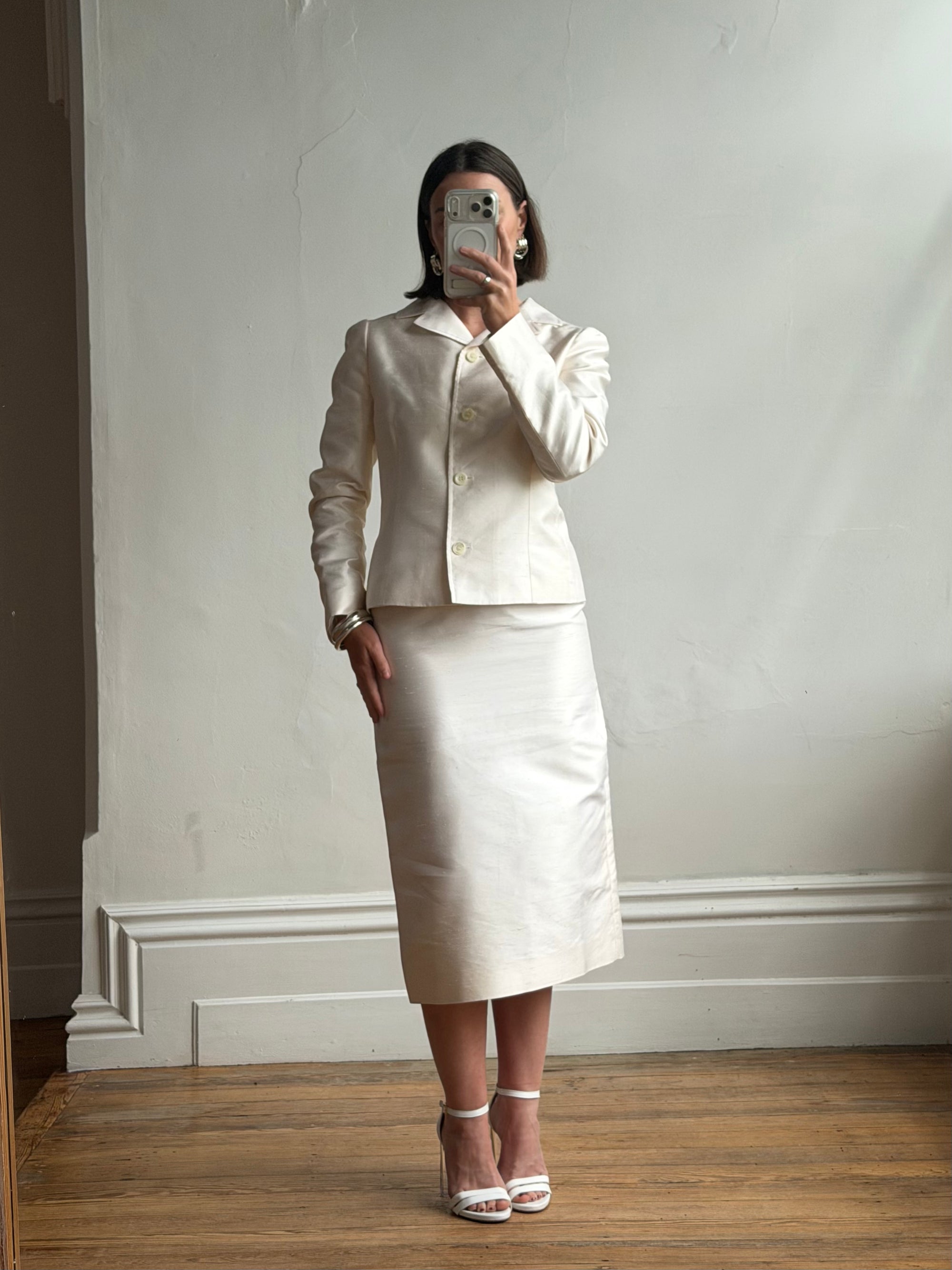 Vintage 90s Dolce &amp; Gabbana Ivory Silk Shantung Two-Piece Bridal Suit