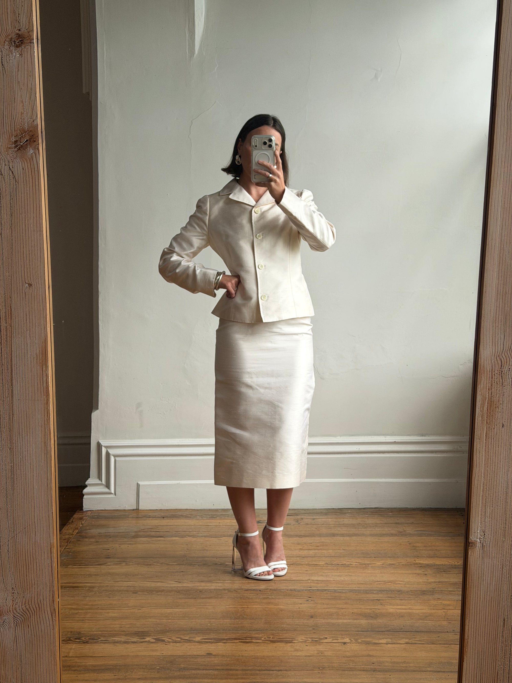 Vintage 90s Dolce &amp; Gabbana Ivory Silk Shantung Two-Piece Bridal Suit