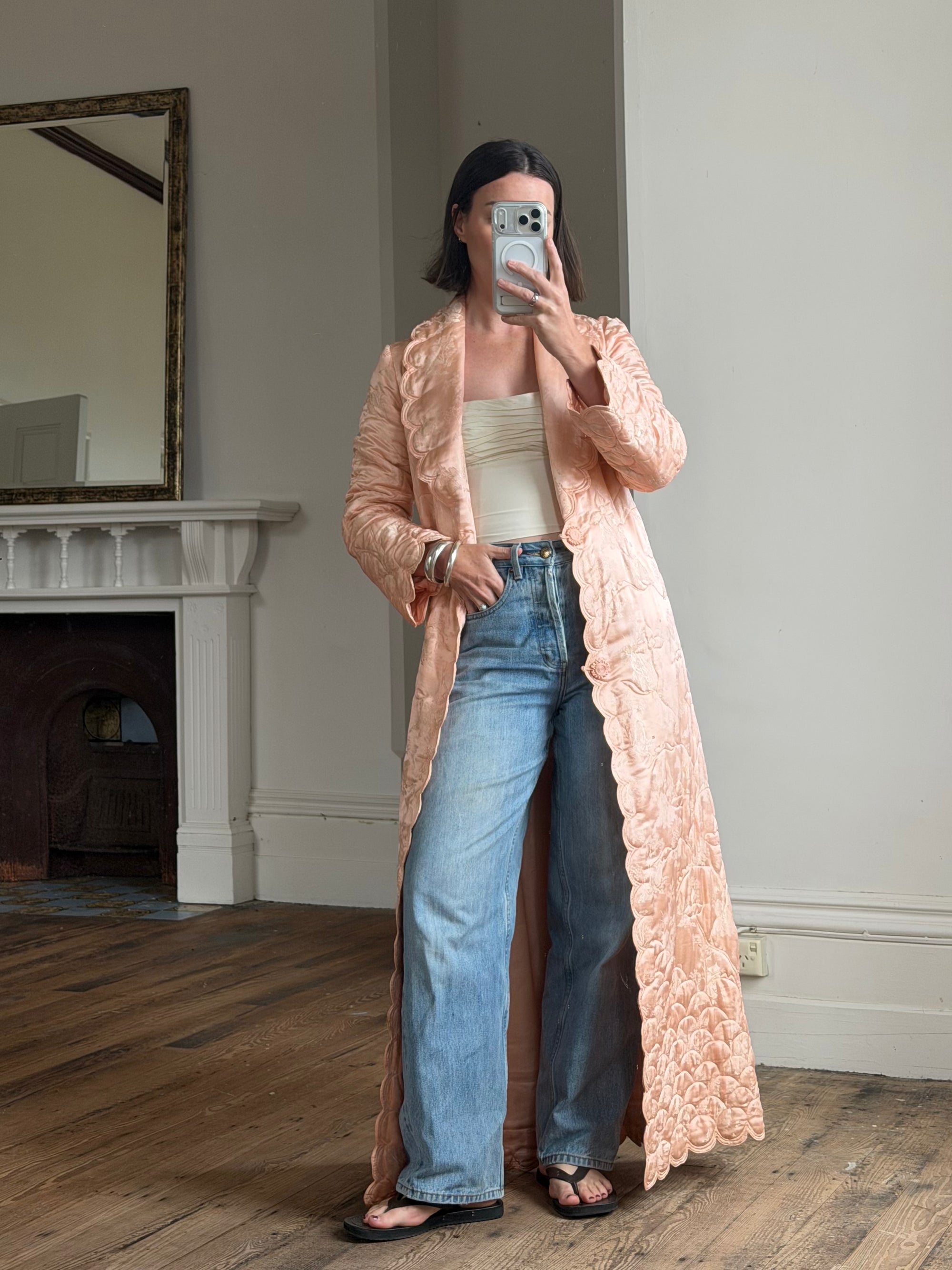 Vintage 40s Blush Quilted Trapunto Silk Satin Coat