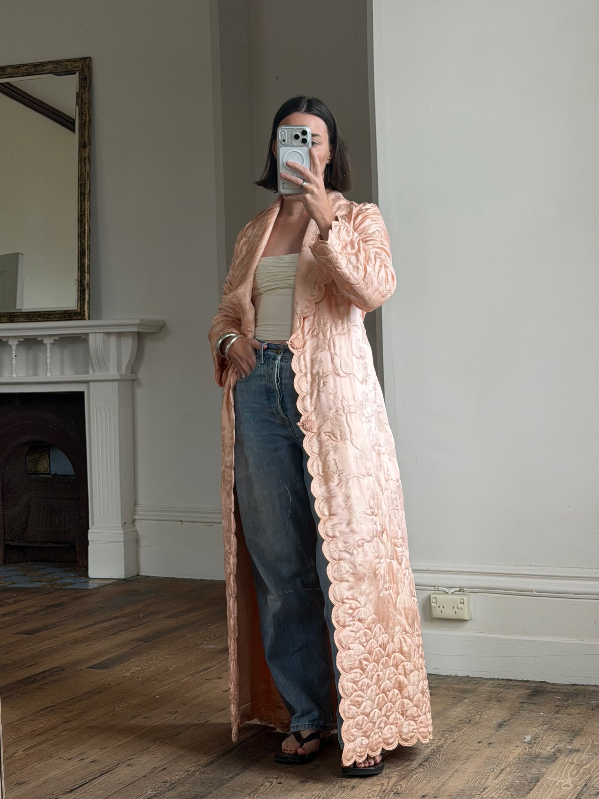 Vintage 40s Blush Quilted Trapunto Silk Satin Coat