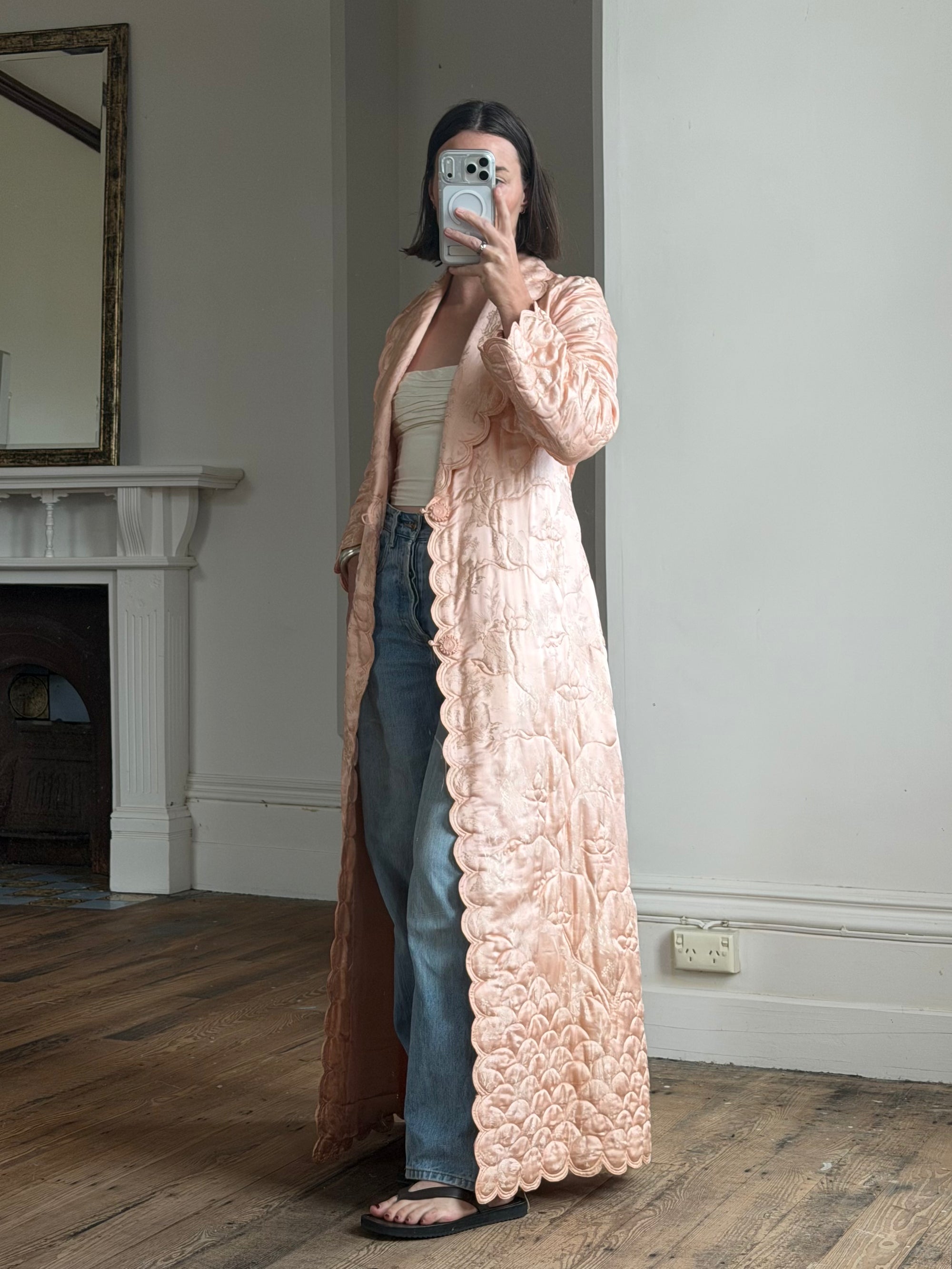Vintage 40s Blush Quilted Trapunto Silk Satin Coat