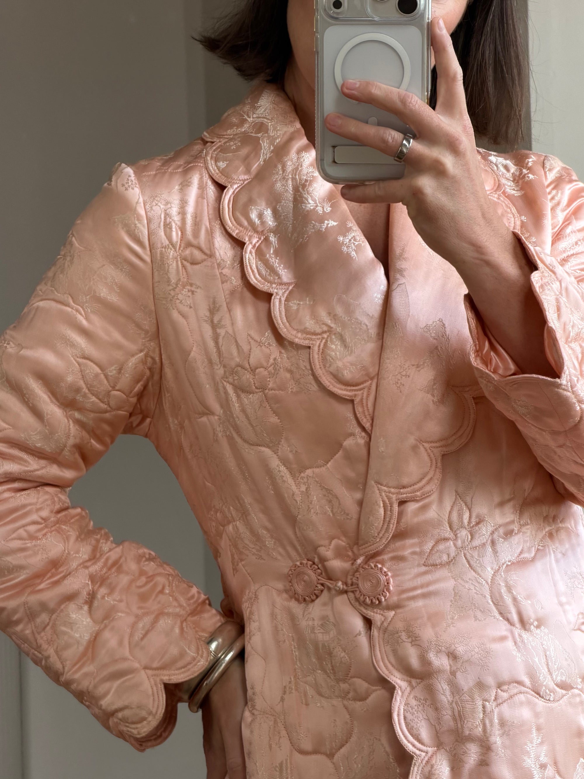 Vintage 40s Blush Quilted Trapunto Silk Satin Coat