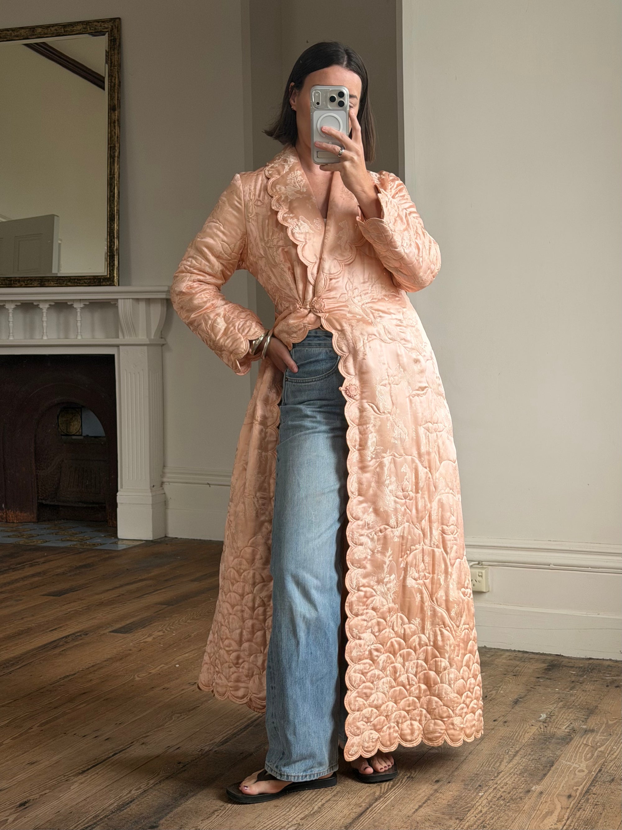 Vintage 40s Blush Quilted Trapunto Silk Satin Coat