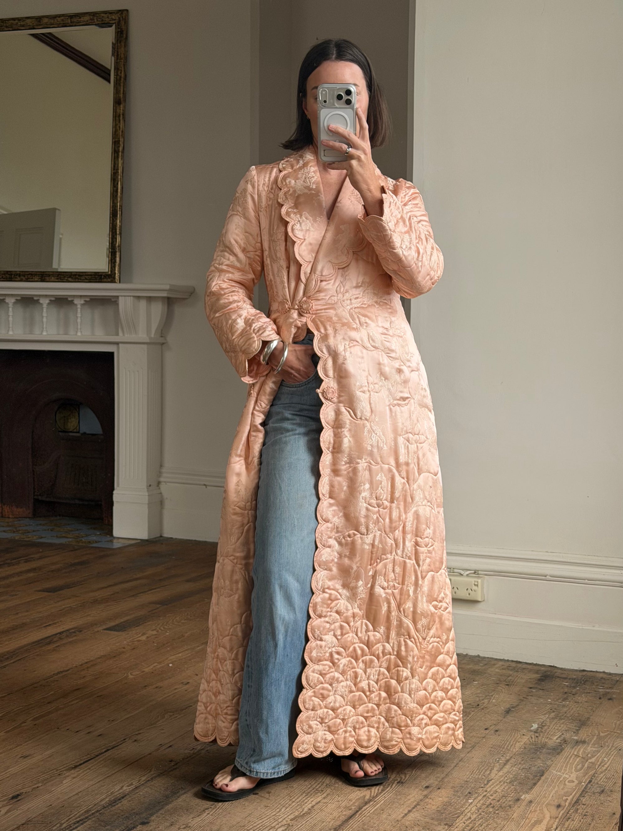 Vintage 40s Blush Quilted Trapunto Silk Satin Coat