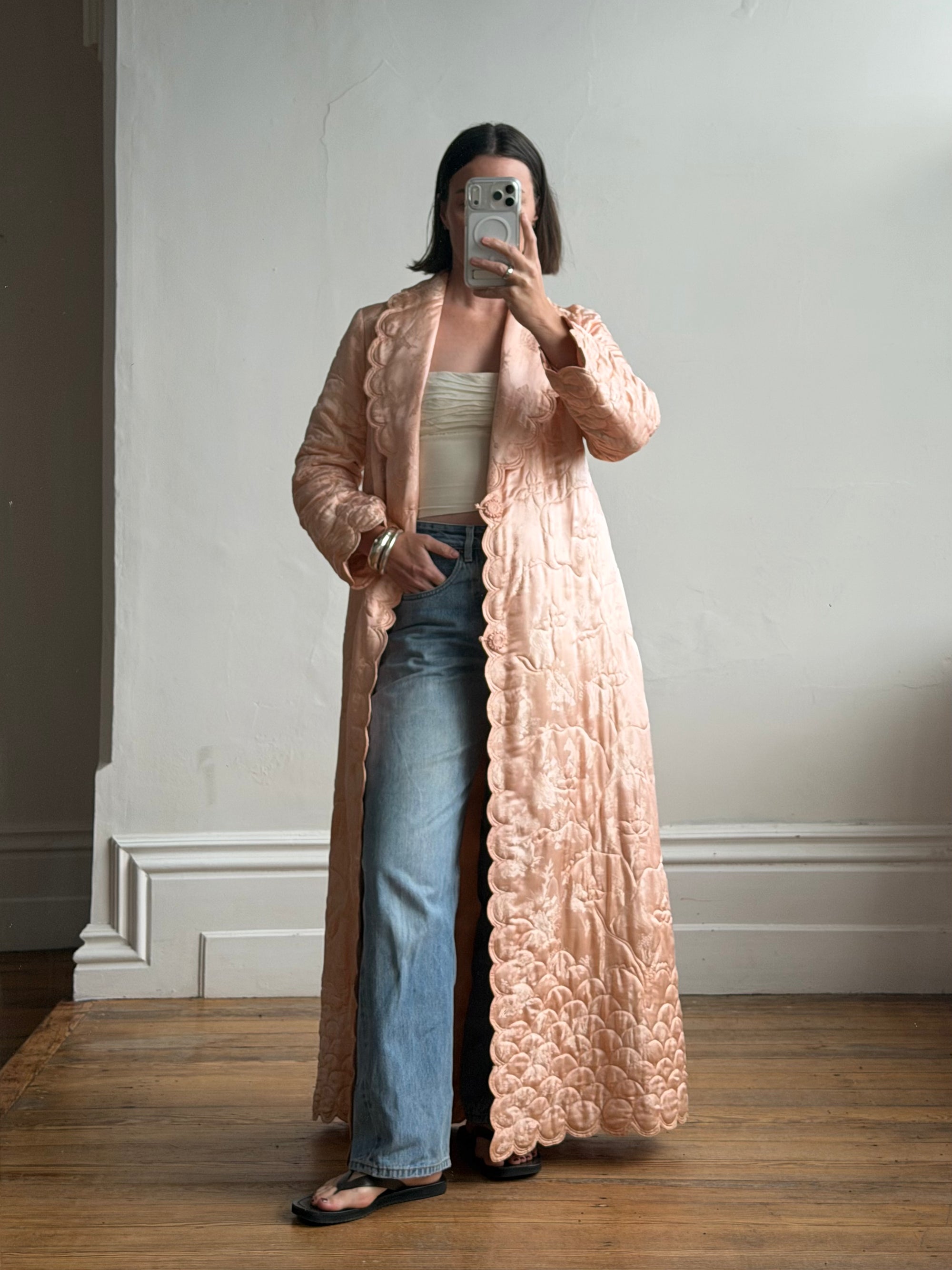 Vintage 40s Blush Quilted Trapunto Silk Satin Coat
