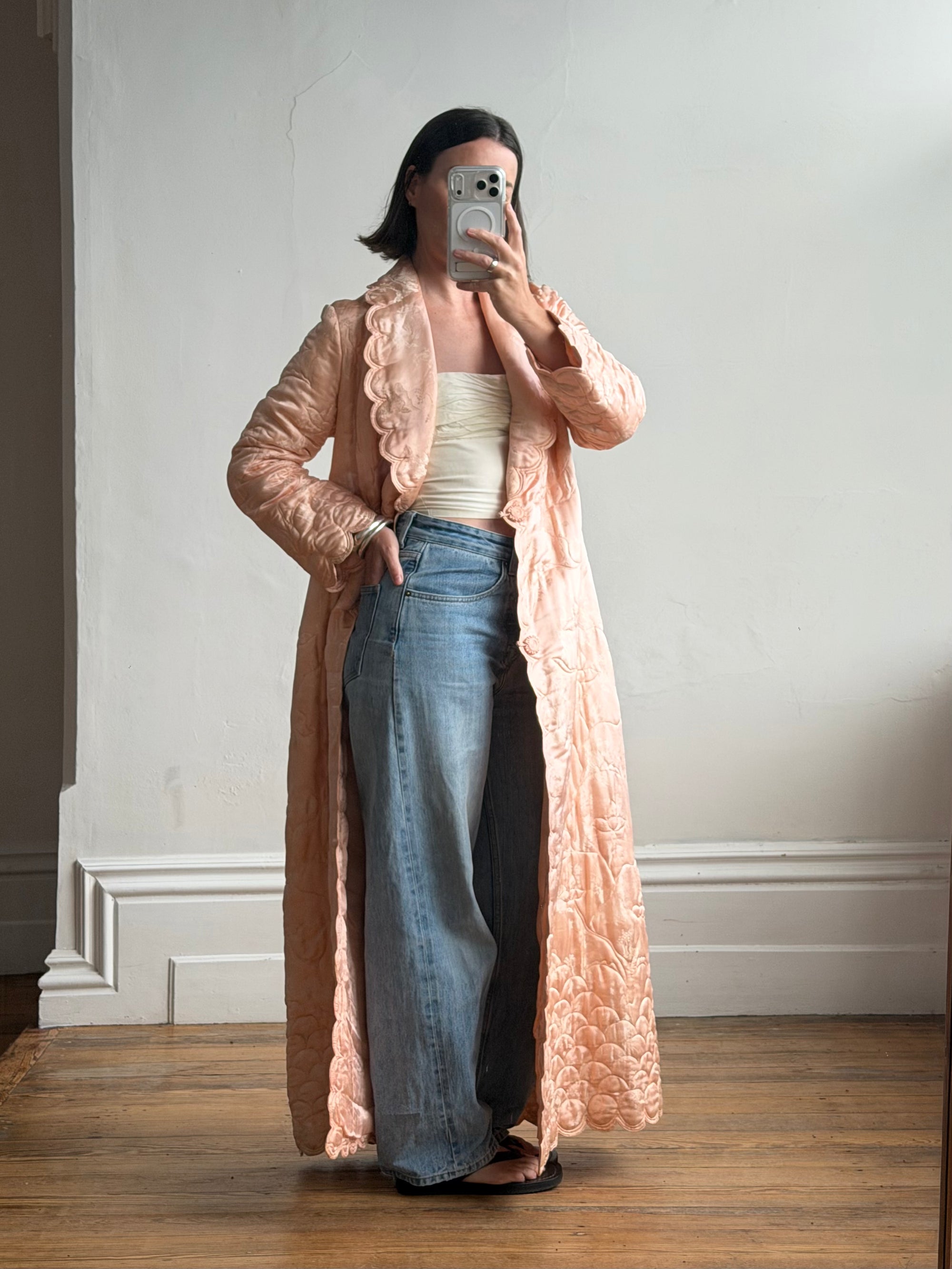Vintage 40s Blush Quilted Trapunto Silk Satin Coat