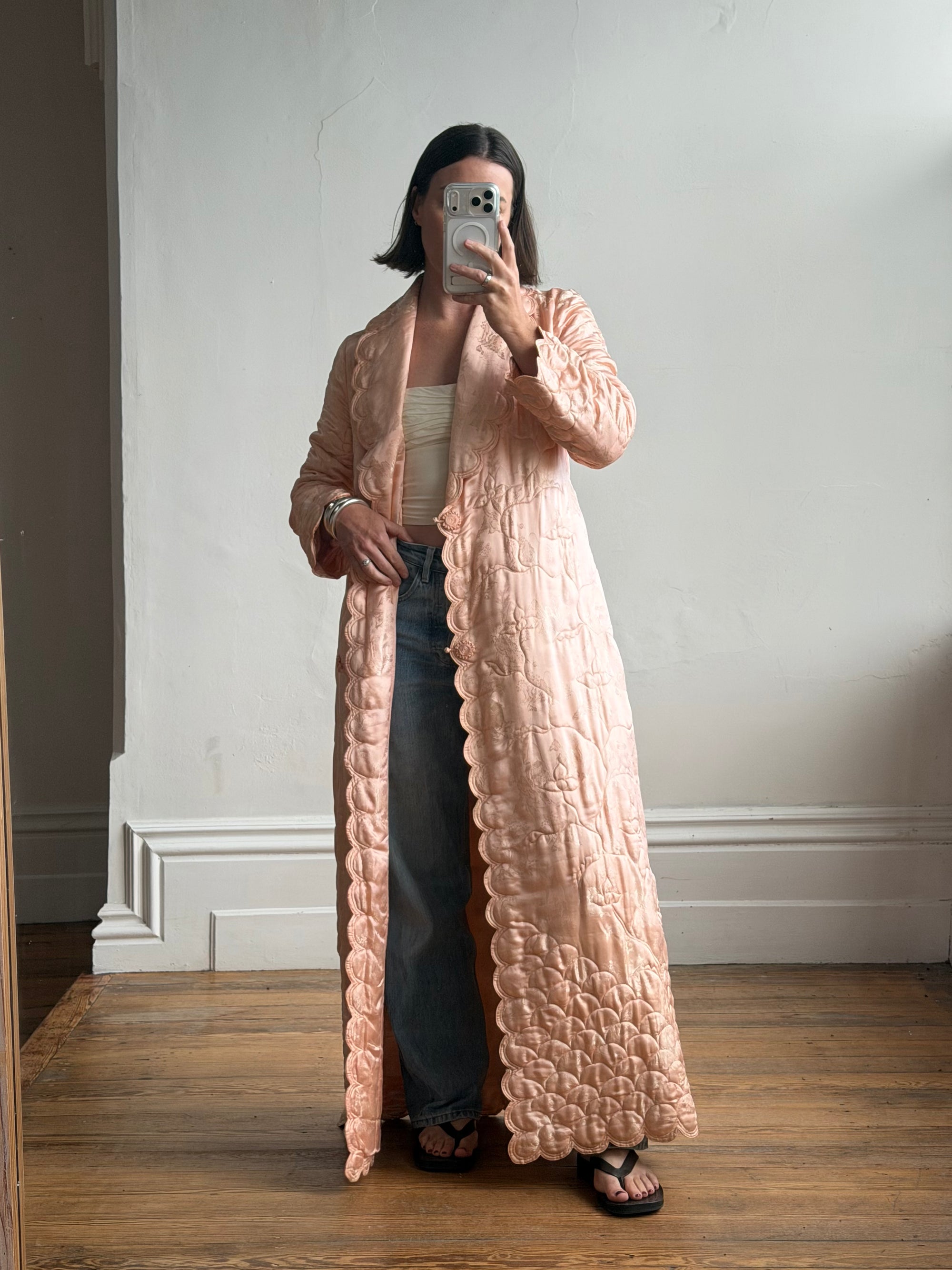 Vintage 40s Blush Quilted Trapunto Silk Satin Coat