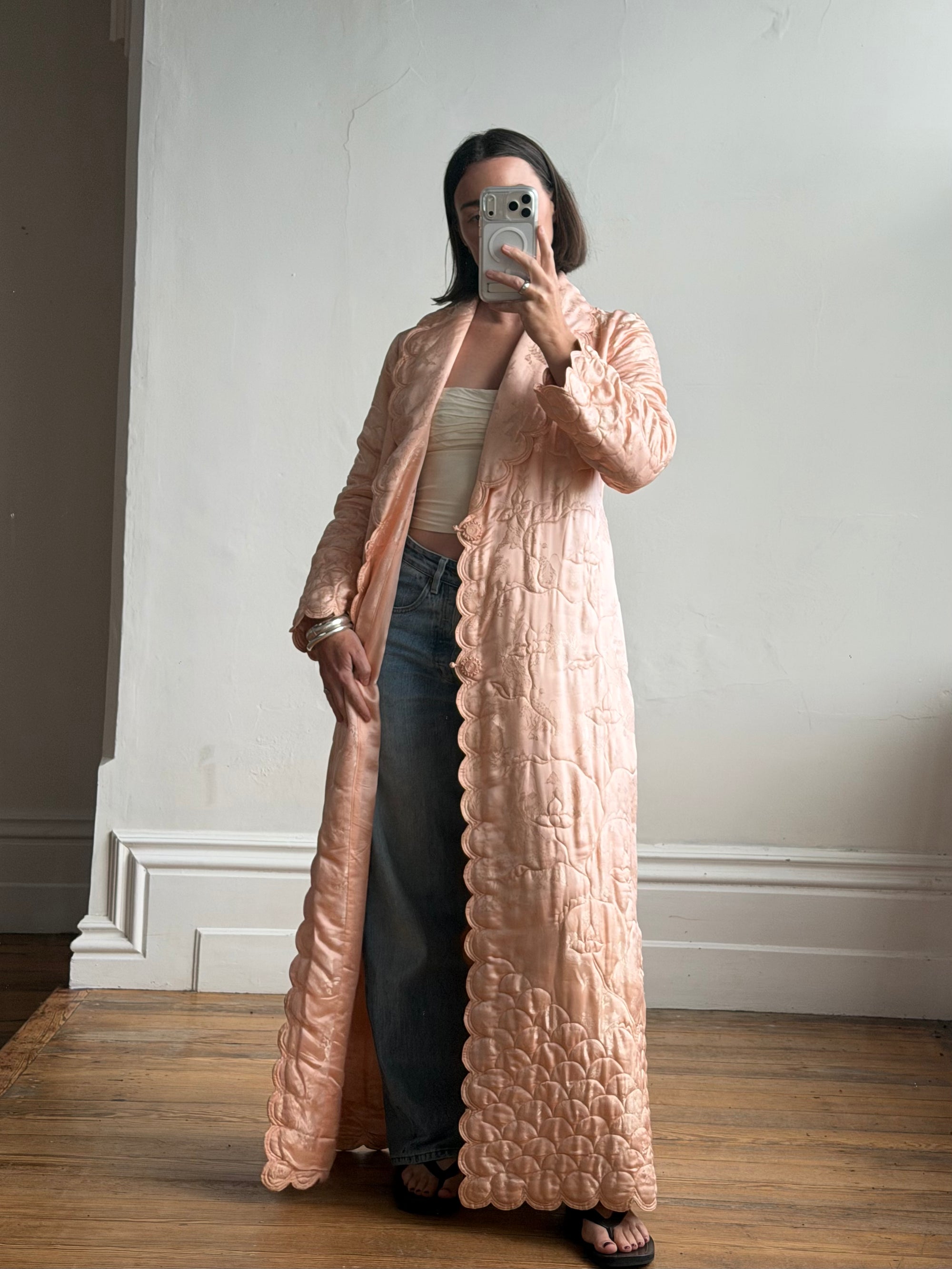Vintage 40s Blush Quilted Trapunto Silk Satin Coat