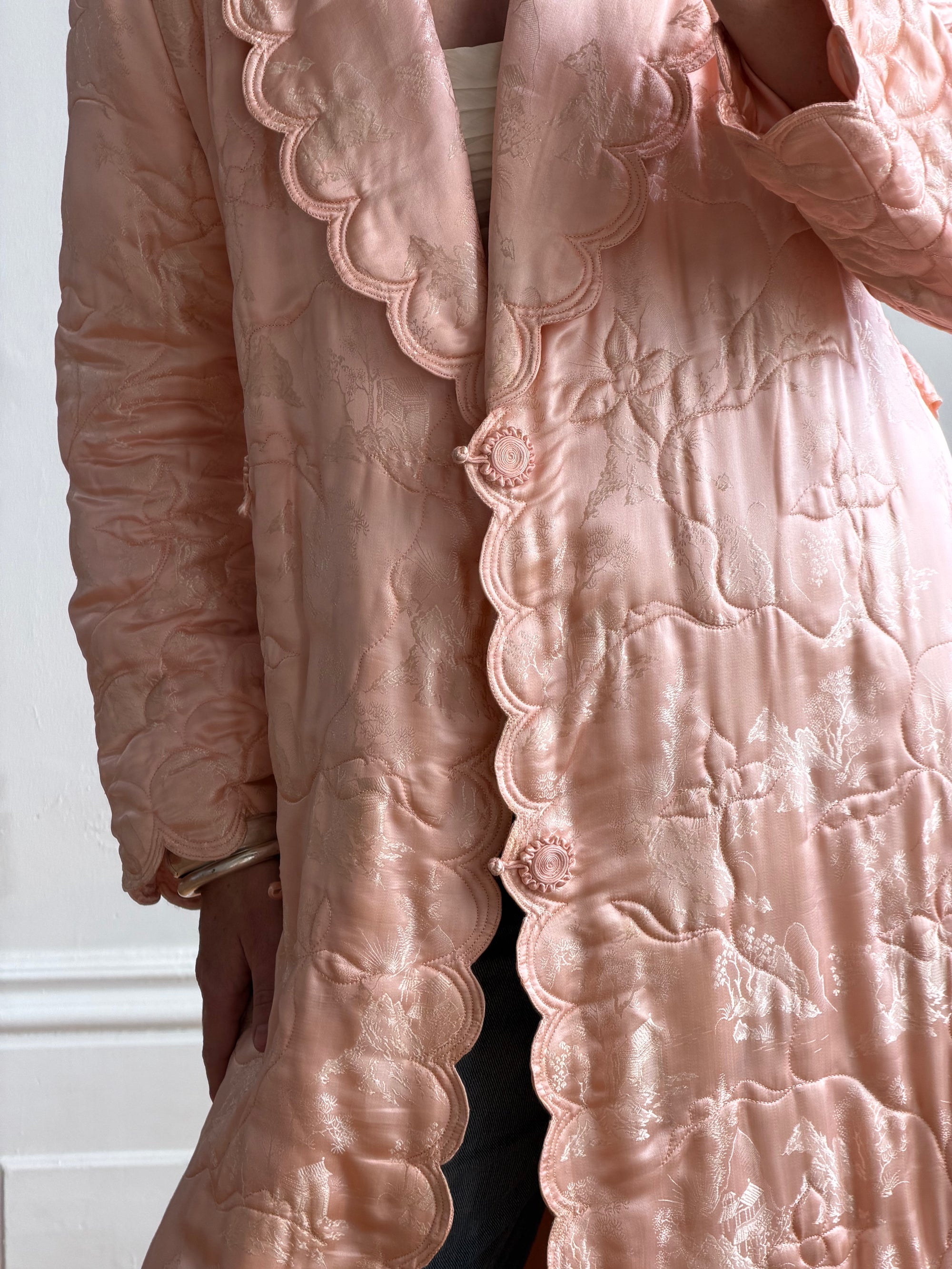 Vintage 40s Blush Quilted Trapunto Silk Satin Coat
