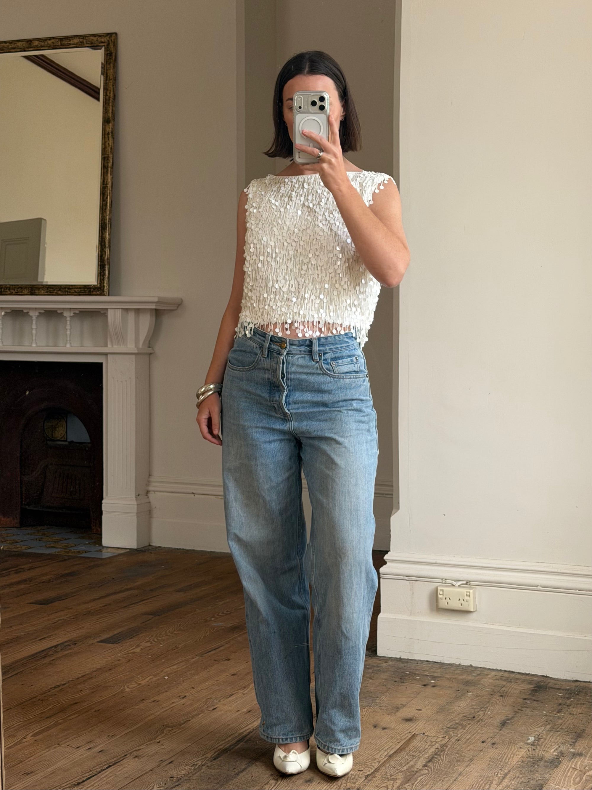 Vintage 60s White Paillette Sequin Top