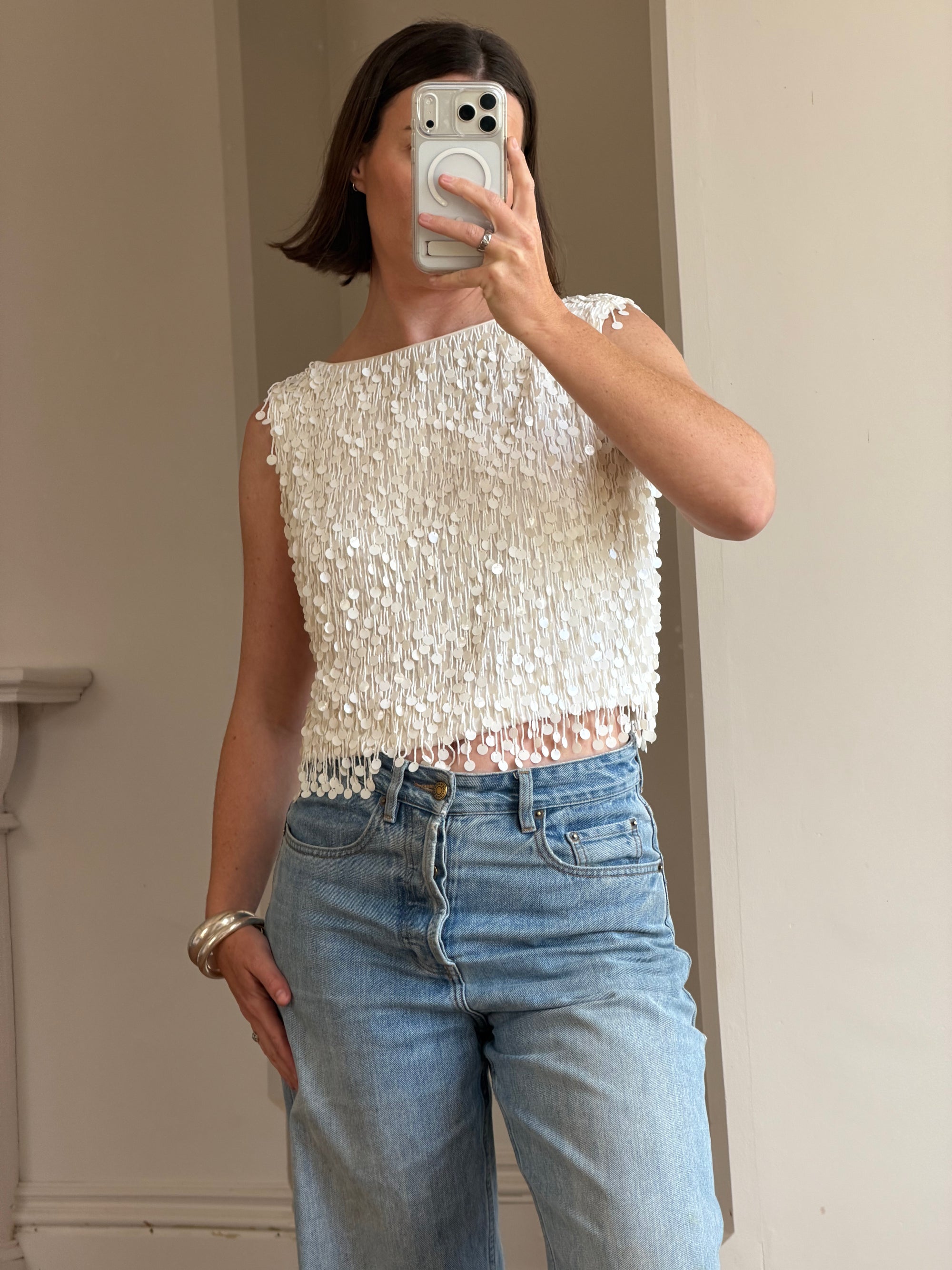 Vintage 60s White Paillette Sequin Top