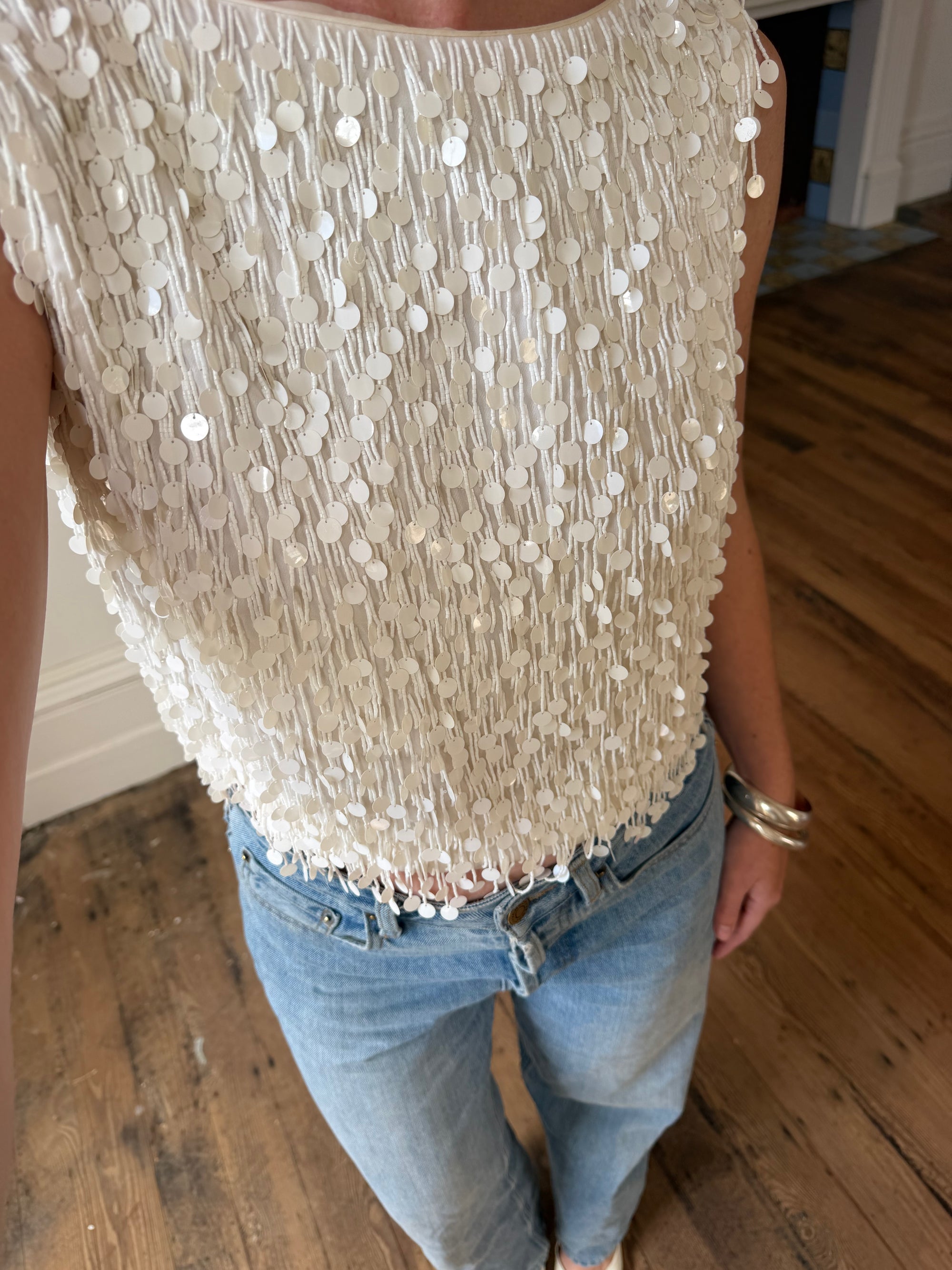 Vintage 60s White Paillette Sequin Top