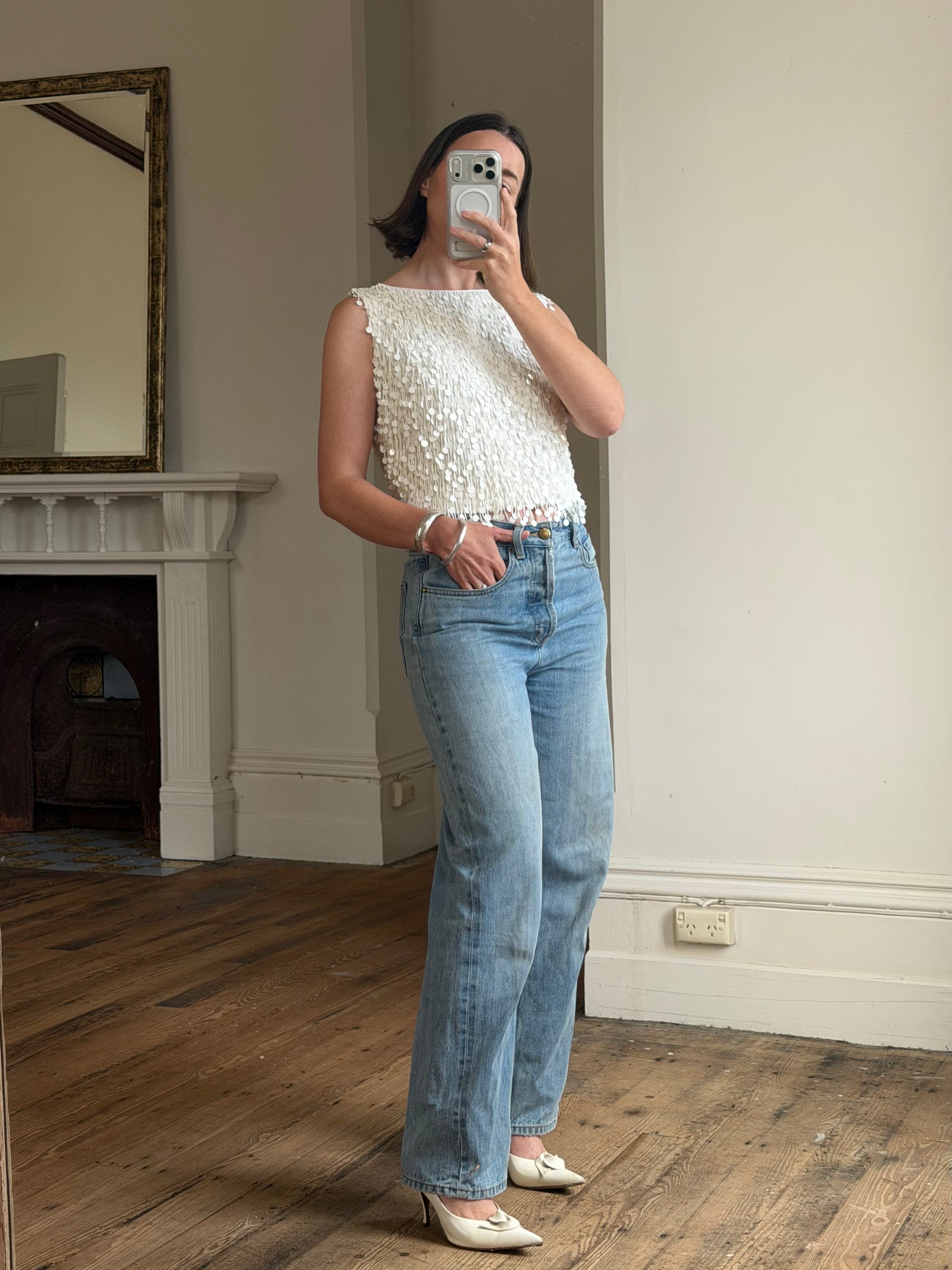 Vintage 60s White Paillette Sequin Top