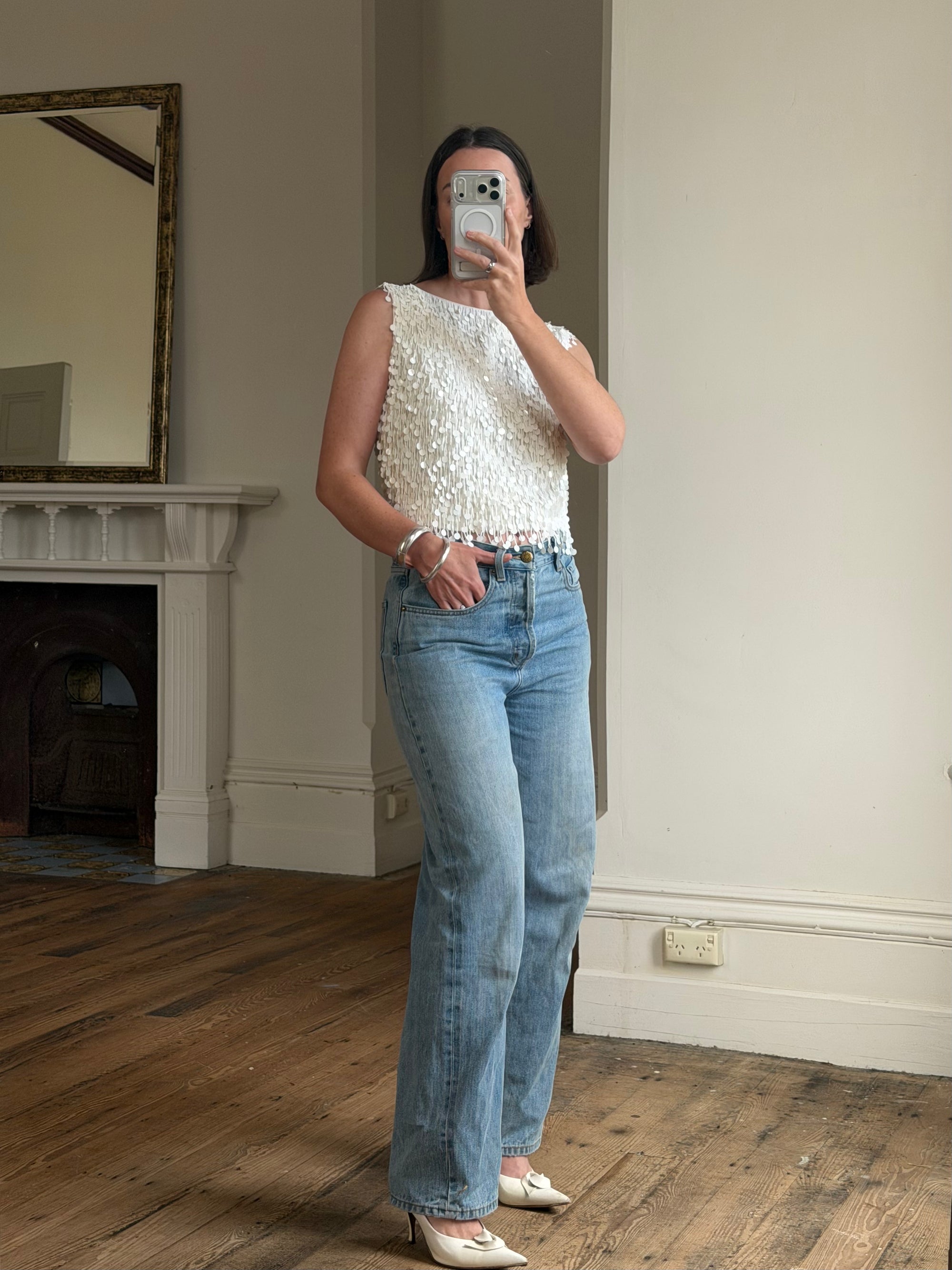 Vintage 60s White Paillette Sequin Top