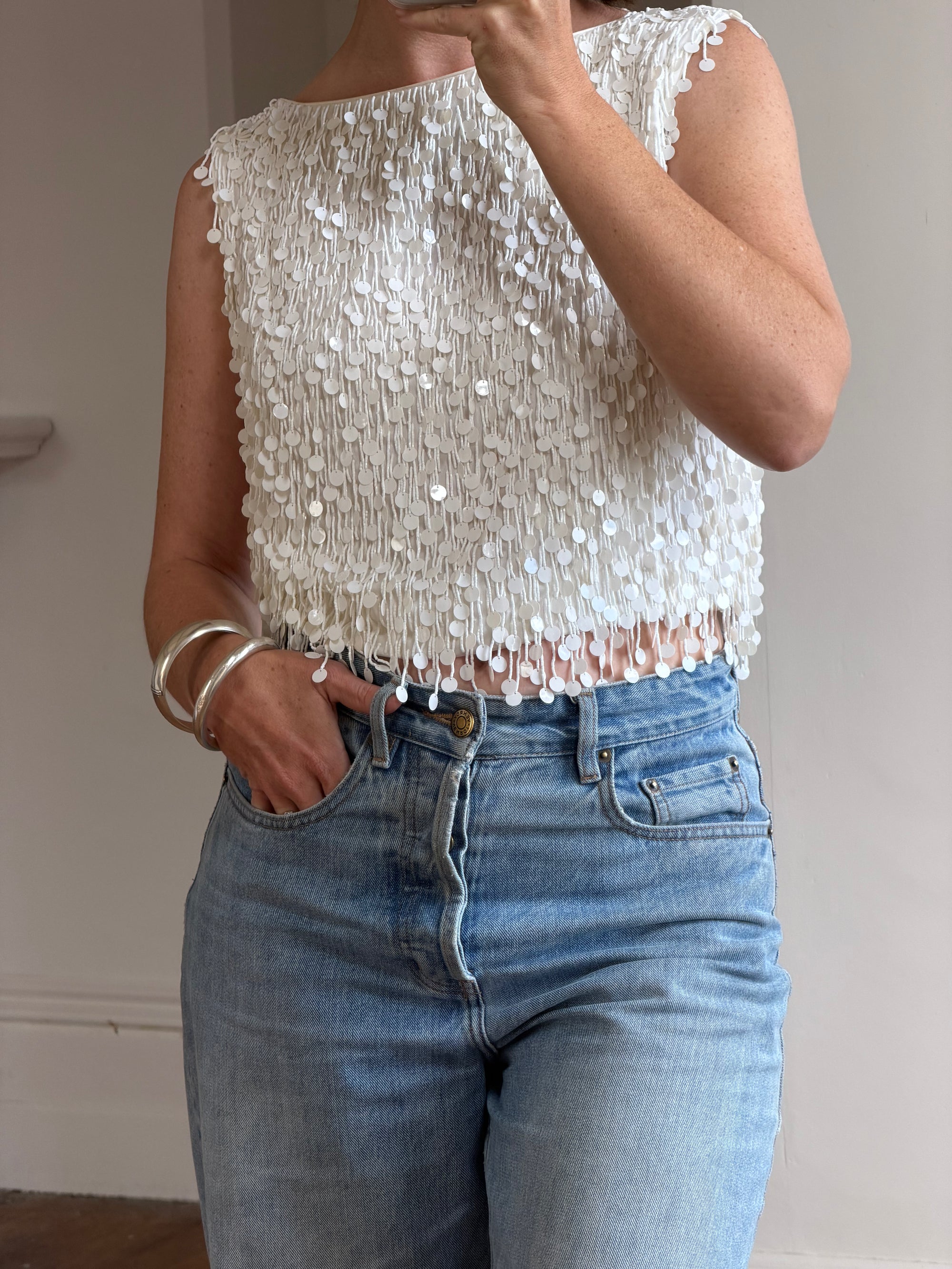 Vintage 60s White Paillette Sequin Top