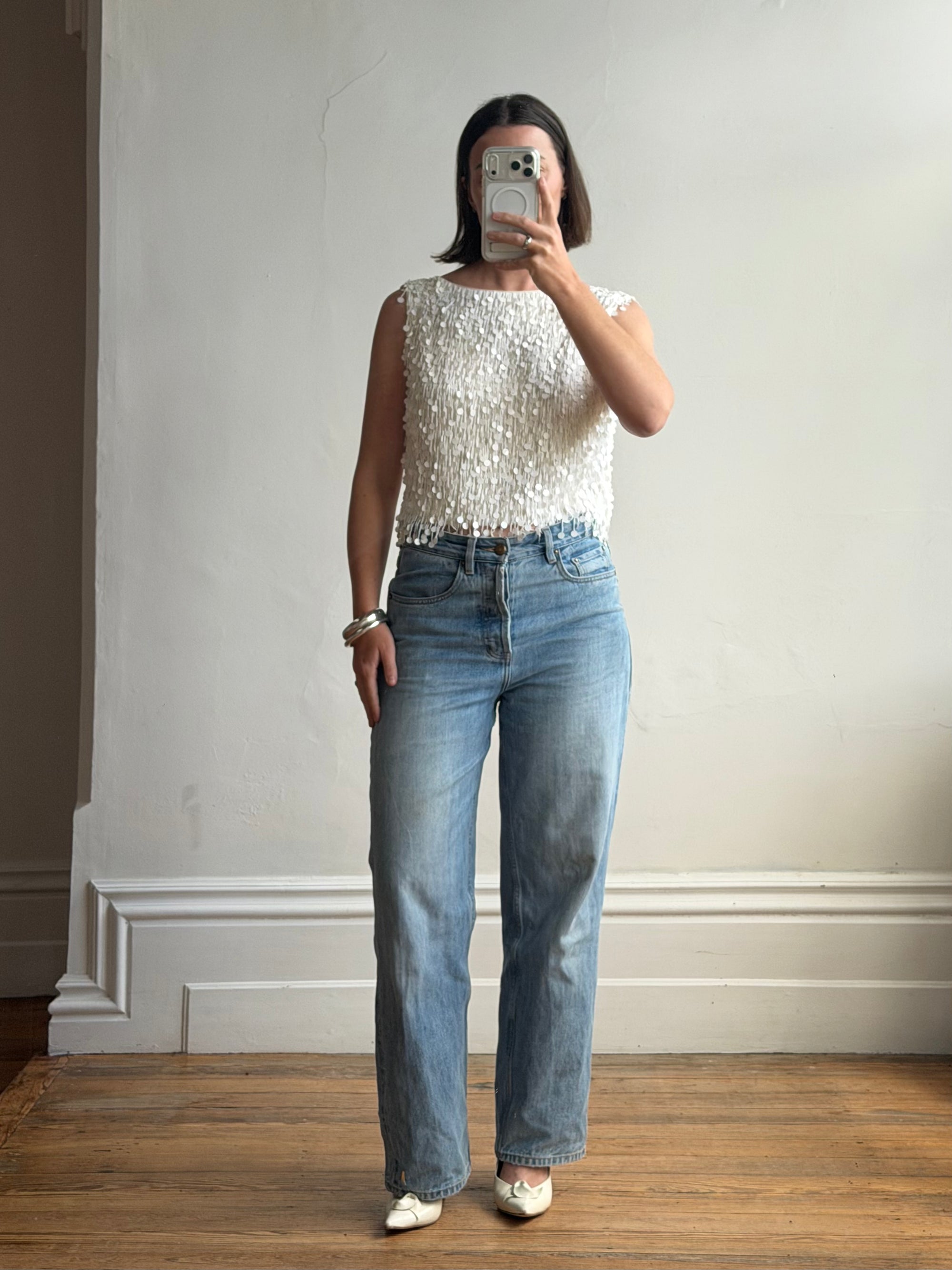 Vintage 60s White Paillette Sequin Top