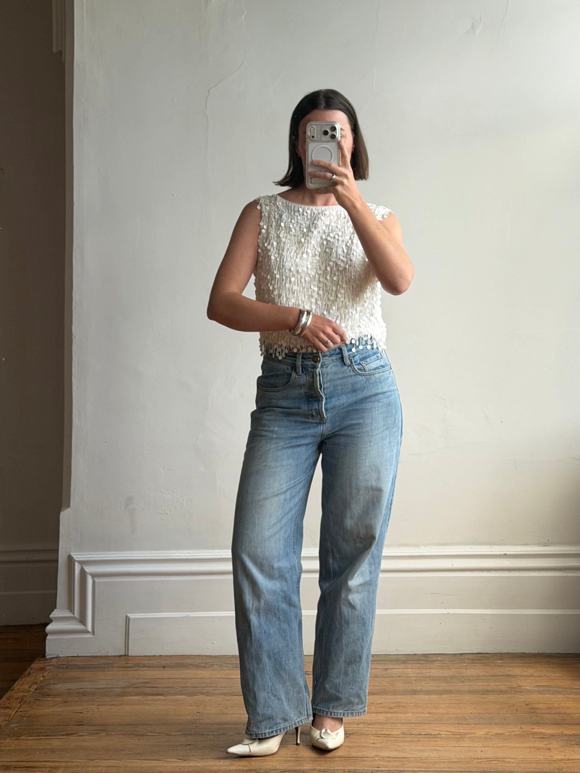 Vintage 60s White Paillette Sequin Top