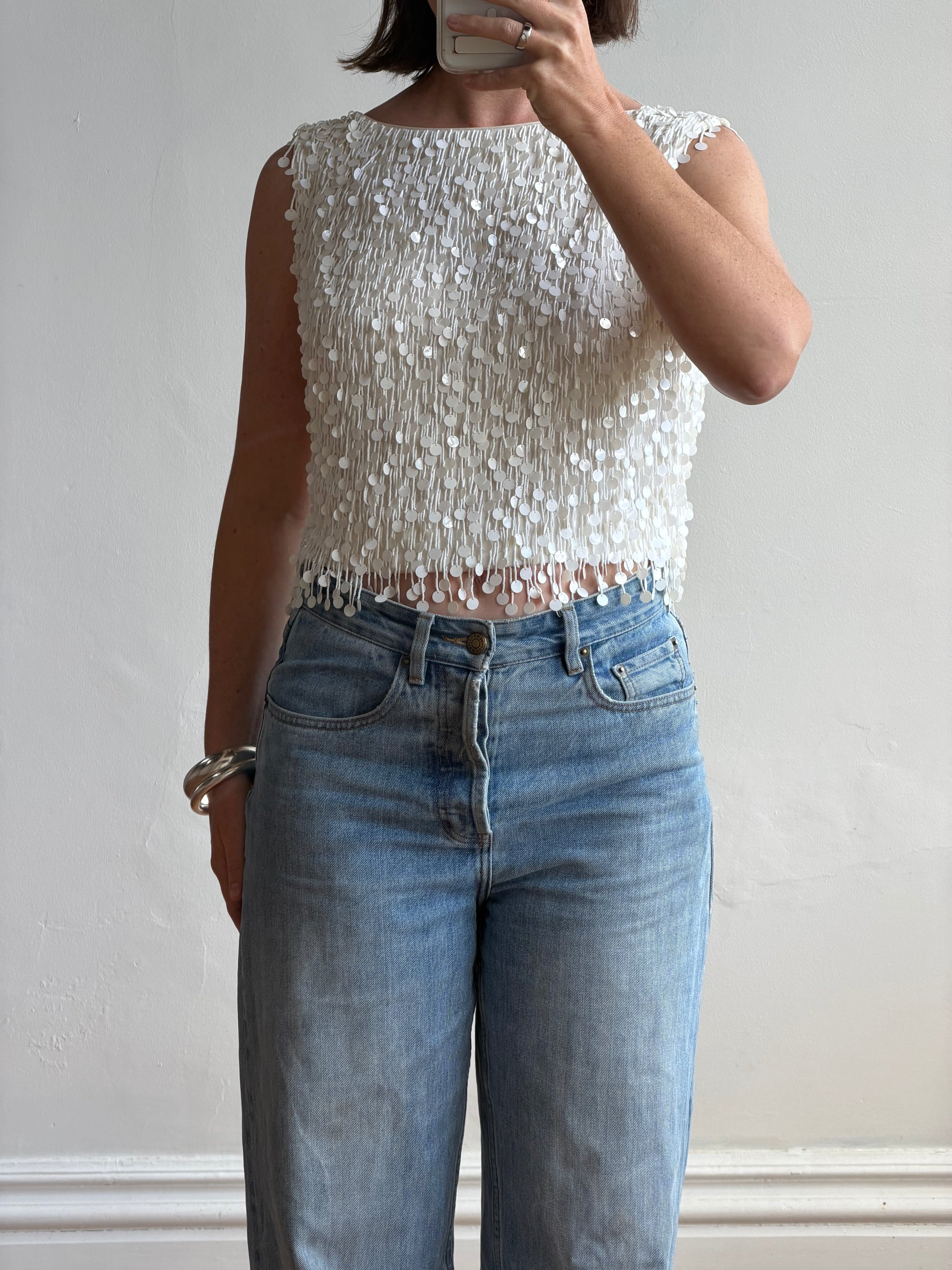 Vintage 60s White Paillette Sequin Top