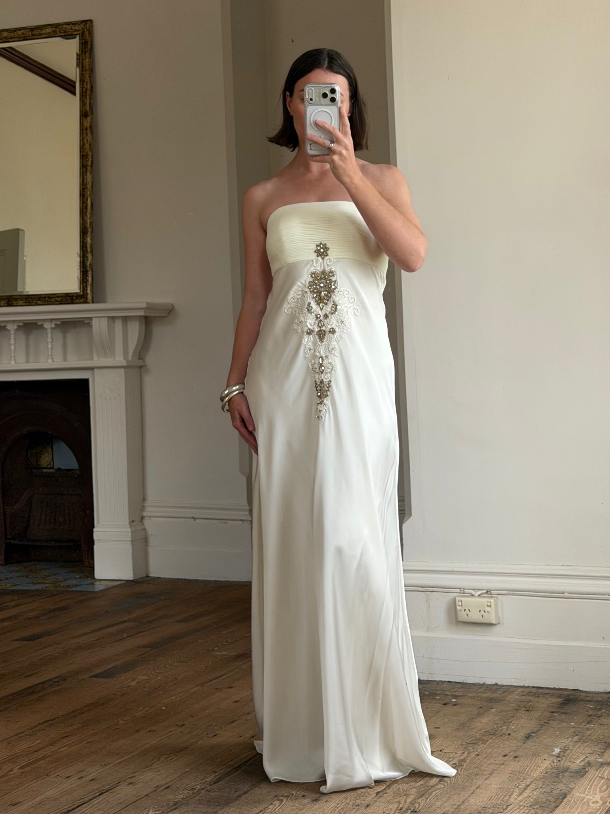 Vintage Y2K Pleated Strapless Gold Embellished Bridal Dress