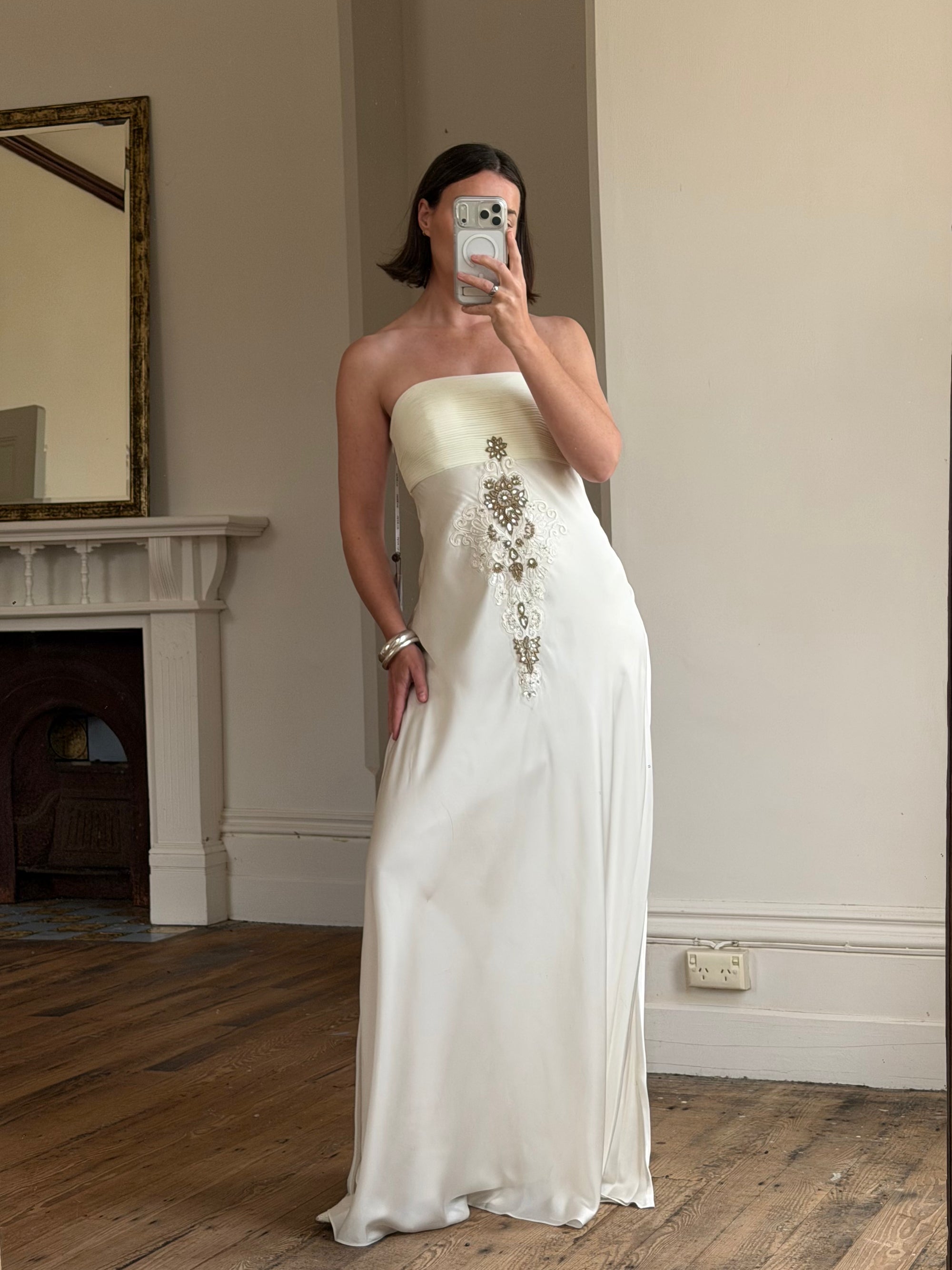 Vintage Y2K Pleated Strapless Gold Embellished Bridal Dress