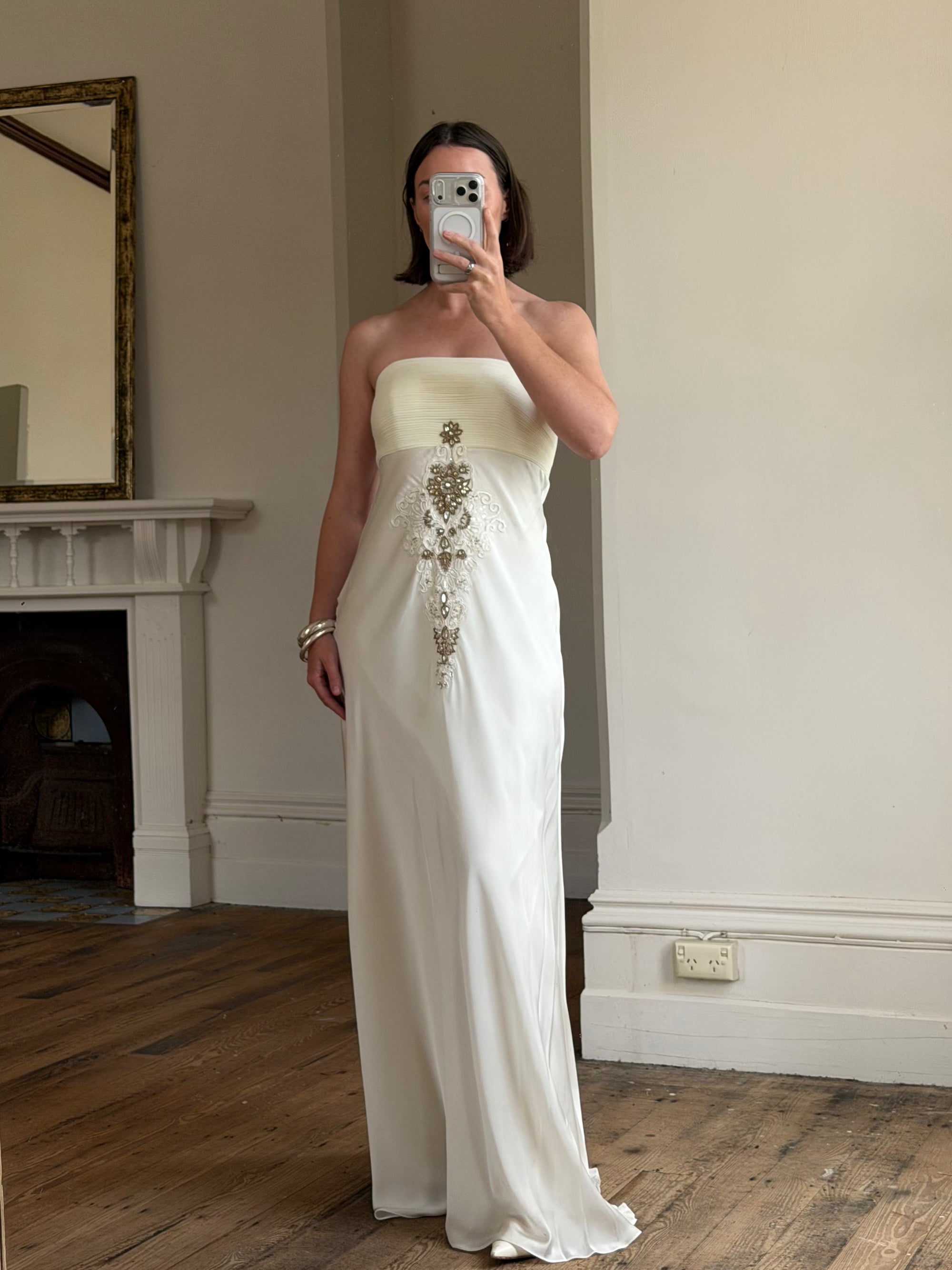 Vintage Y2K Pleated Strapless Gold Embellished Bridal Dress