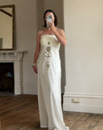 Vintage Y2K Pleated Strapless Gold Embellished Bridal Dress
