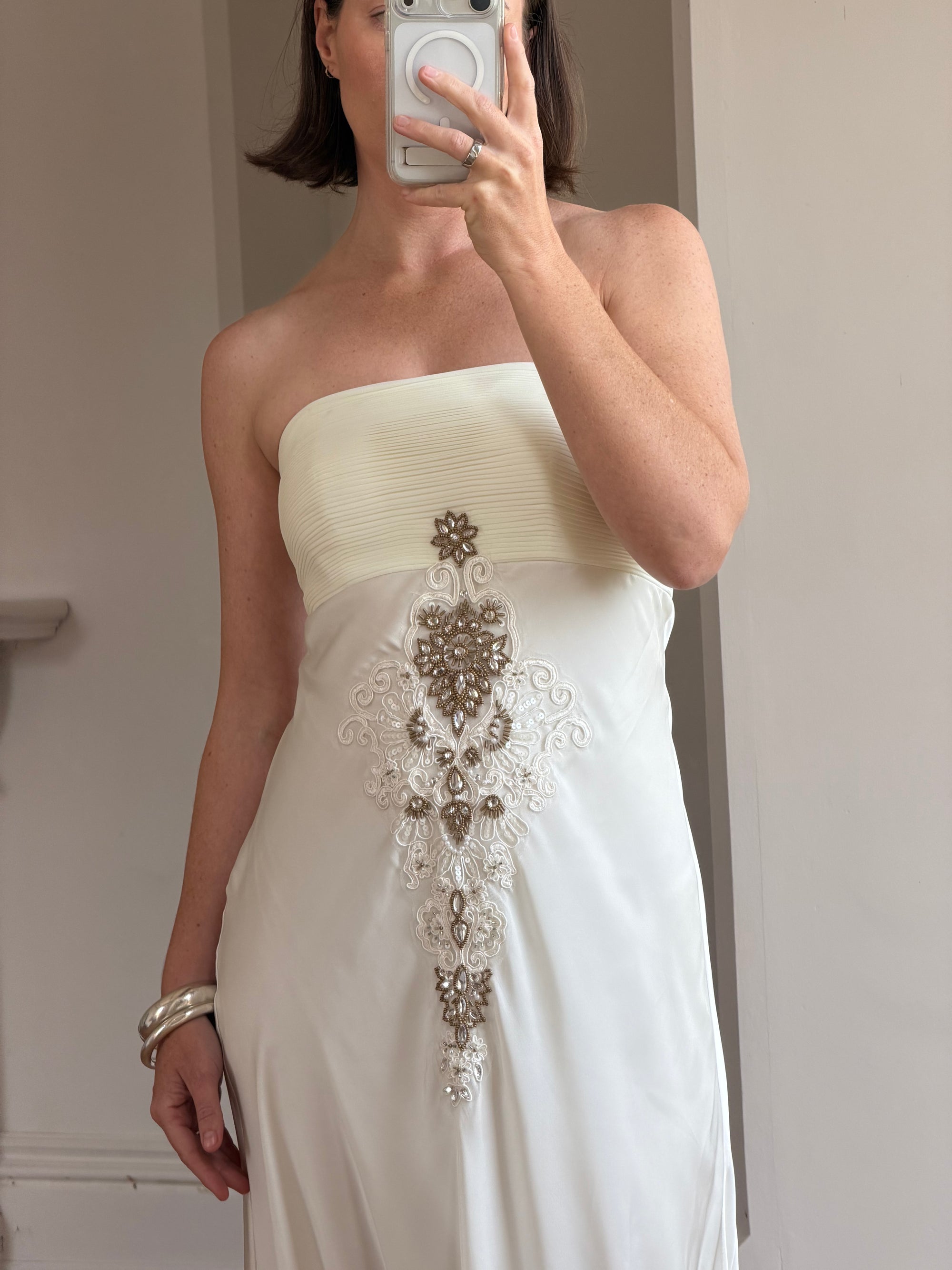 Vintage Y2K Pleated Strapless Gold Embellished Bridal Dress