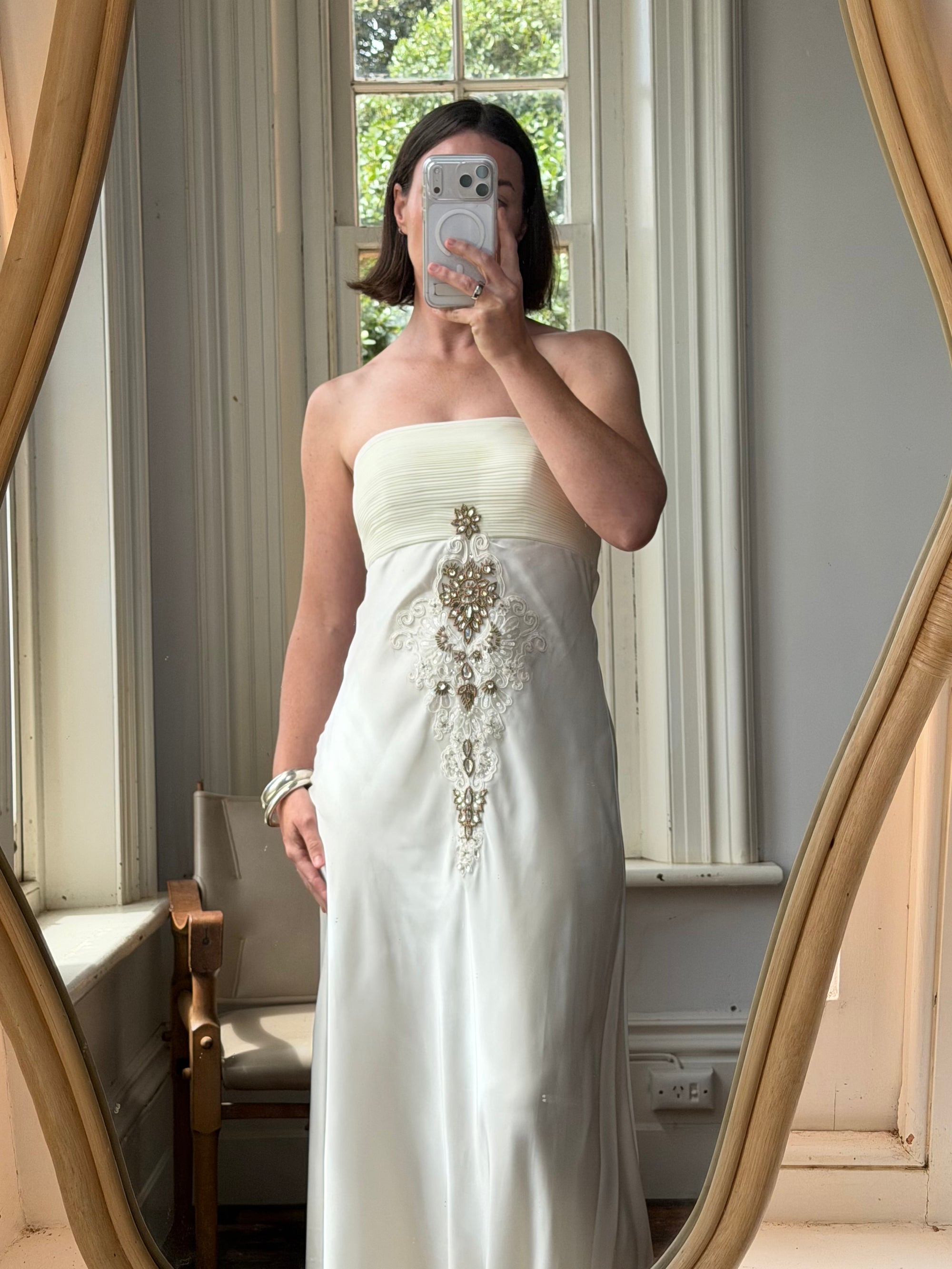 Vintage Y2K Pleated Strapless Gold Embellished Bridal Dress