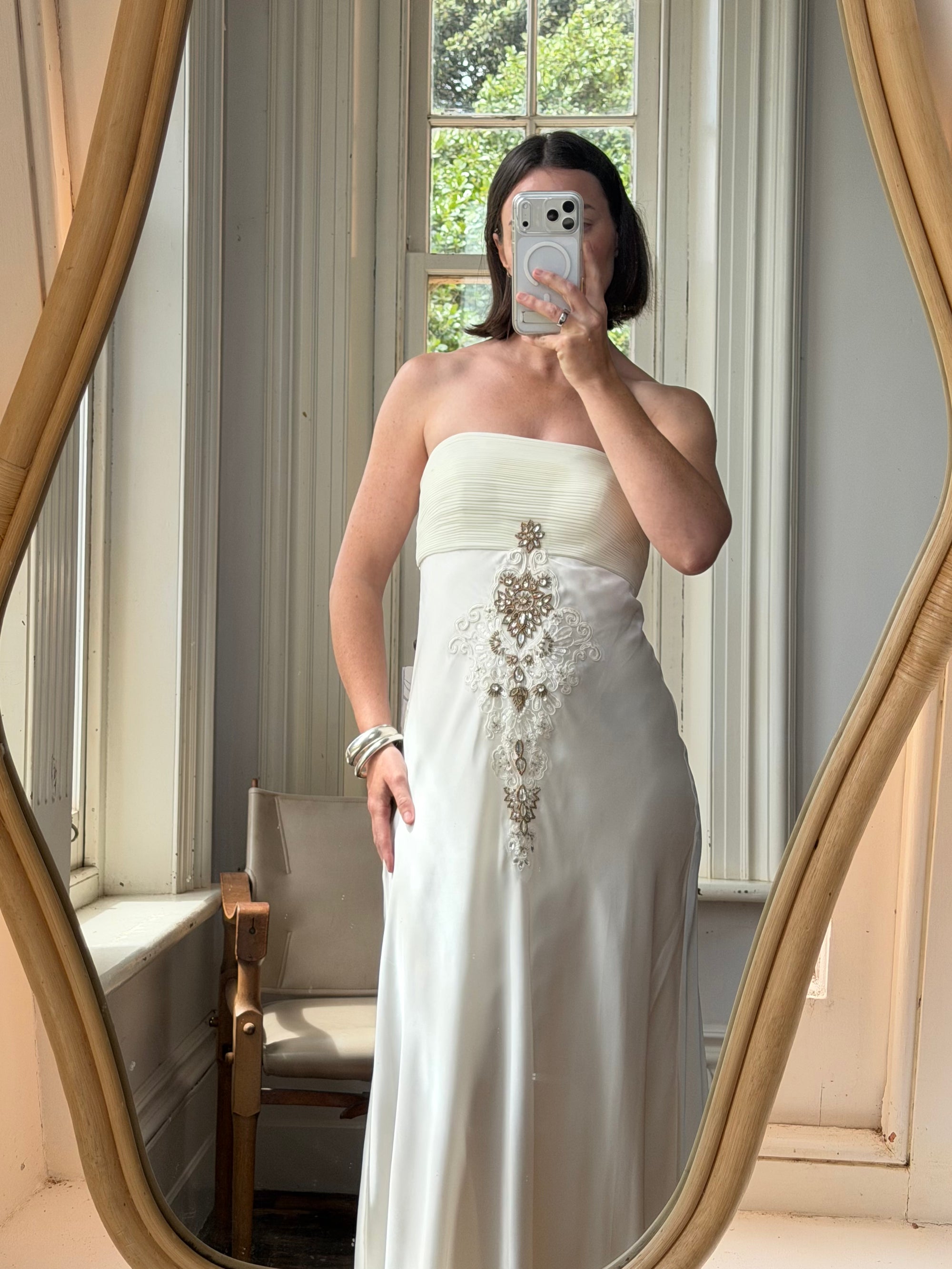 Vintage Y2K Pleated Strapless Gold Embellished Bridal Dress