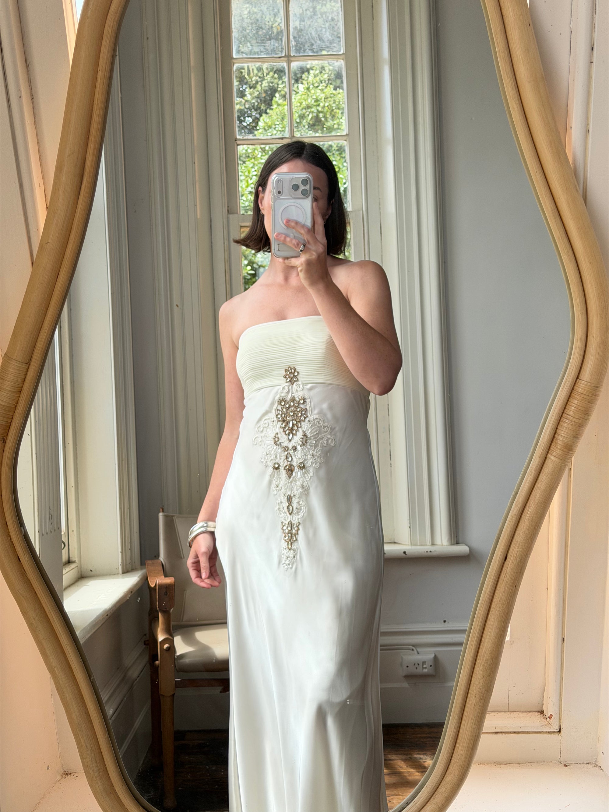 Vintage Y2K Pleated Strapless Gold Embellished Bridal Dress