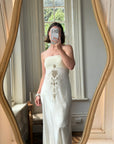 Vintage Y2K Pleated Strapless Gold Embellished Bridal Dress