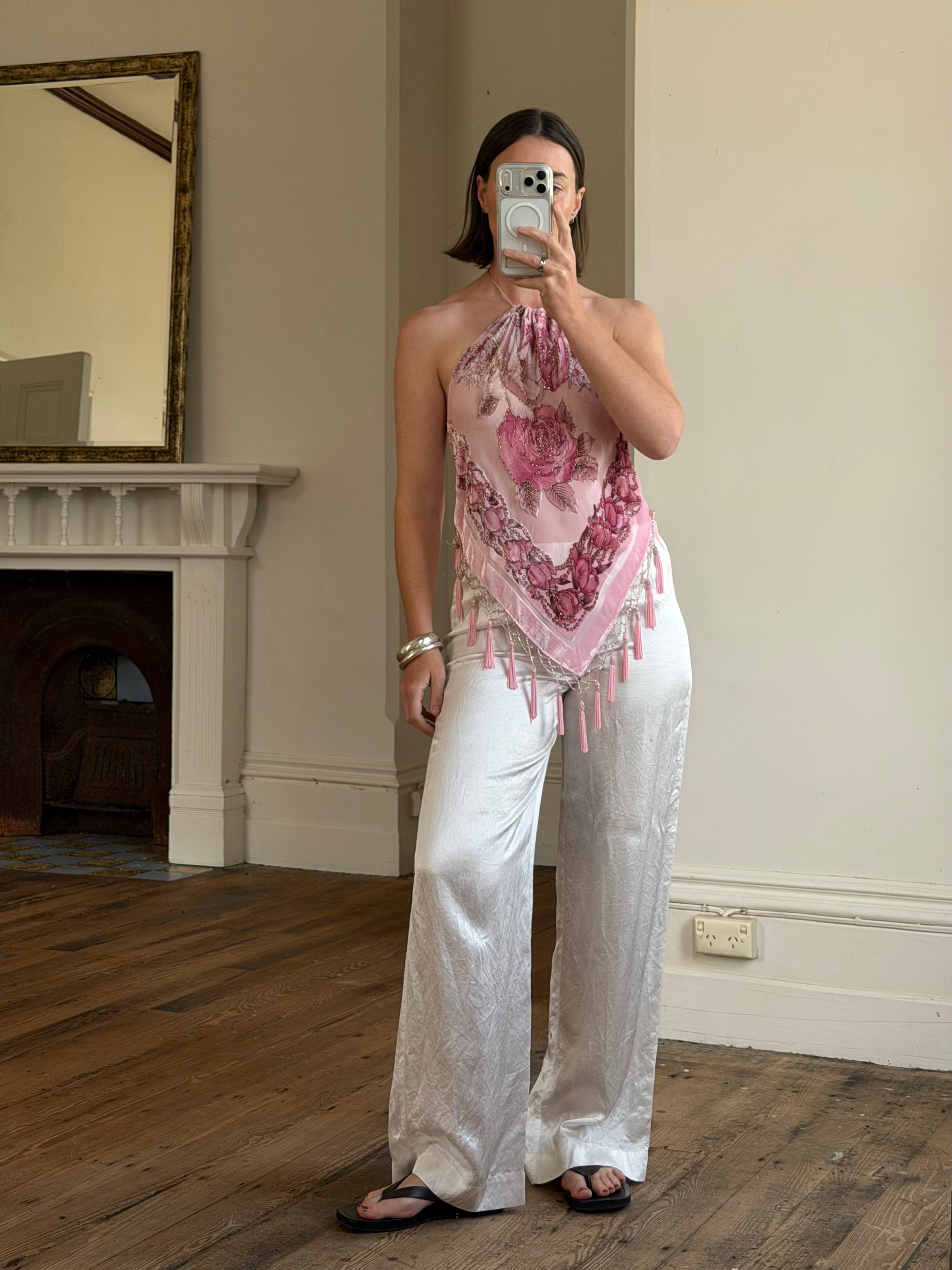 Vintage Y2K Rose Silk Beaded Fringe Halter Top
