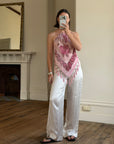 Vintage Y2K Rose Silk Beaded Fringe Halter Top