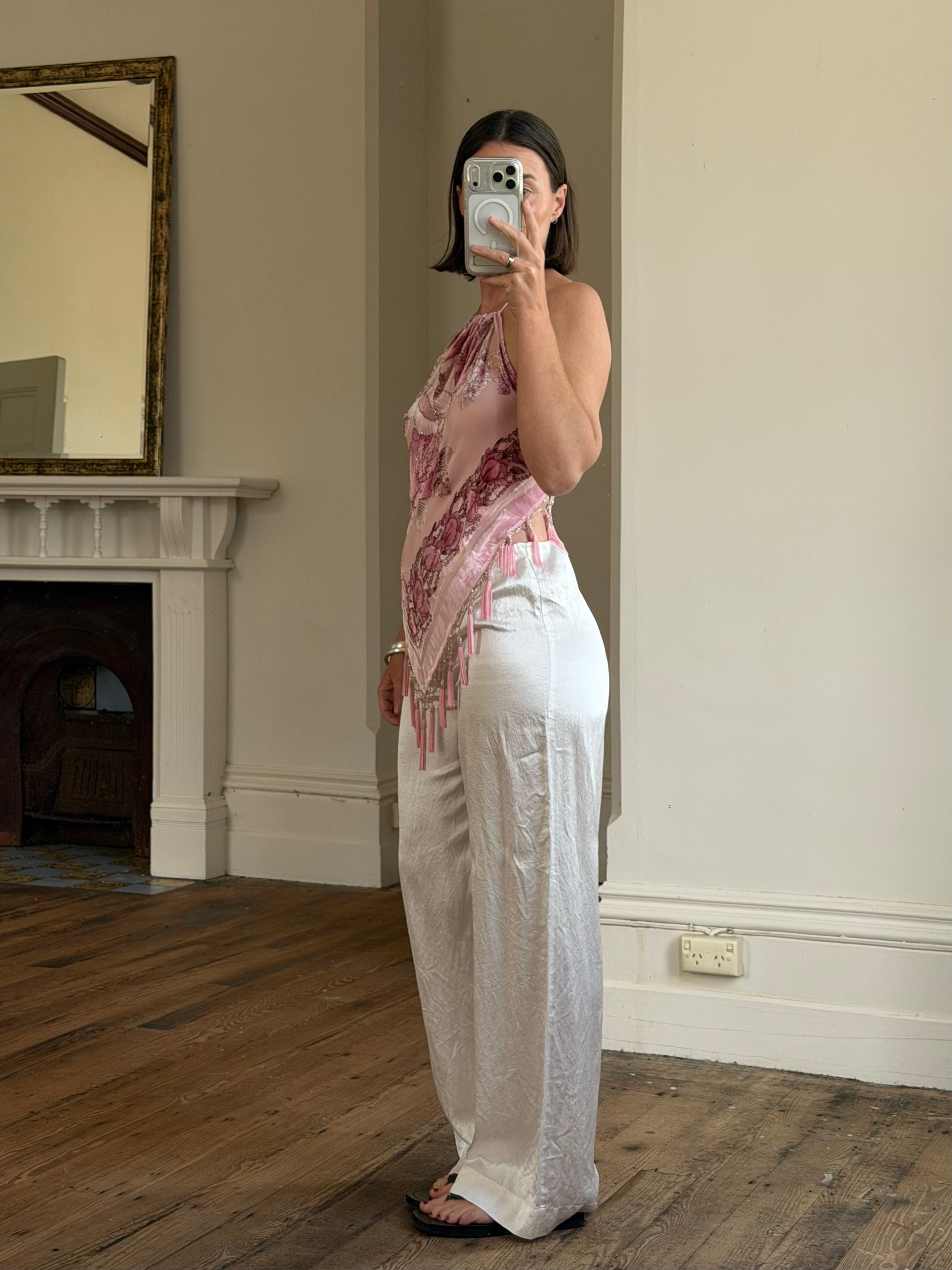 Vintage Y2K Rose Silk Beaded Fringe Halter Top