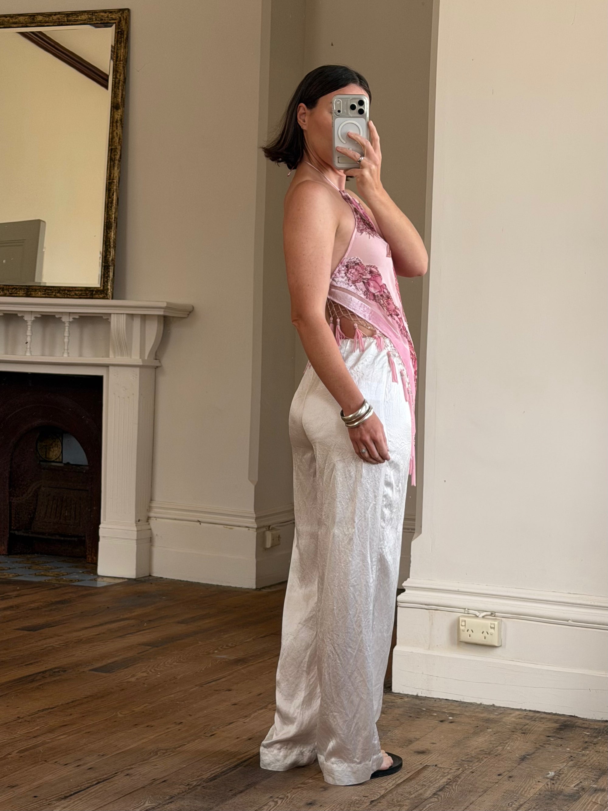 Vintage Y2K Rose Silk Beaded Fringe Halter Top