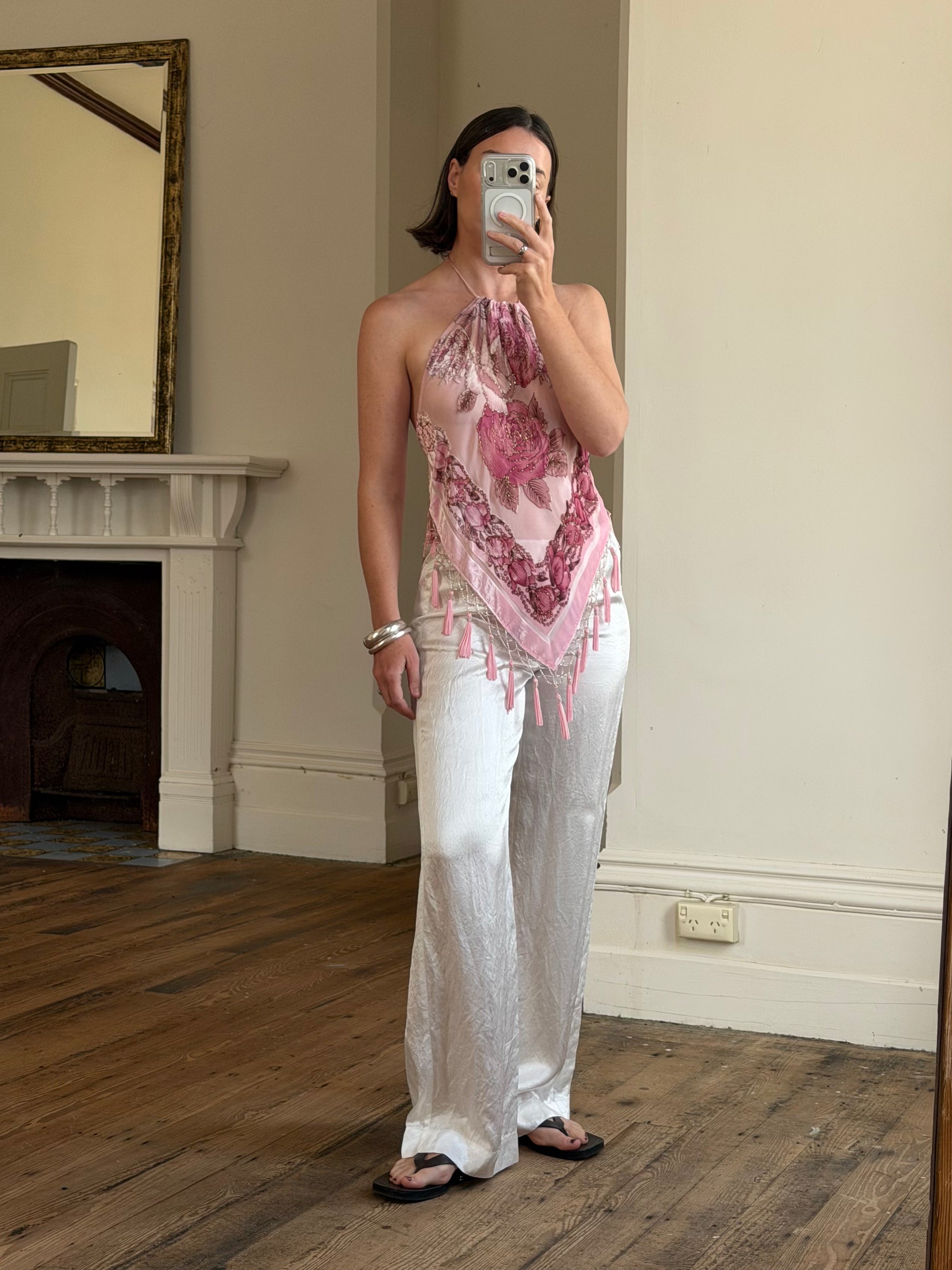 Vintage Y2K Rose Silk Beaded Fringe Halter Top