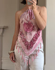 Vintage Y2K Rose Silk Beaded Fringe Halter Top