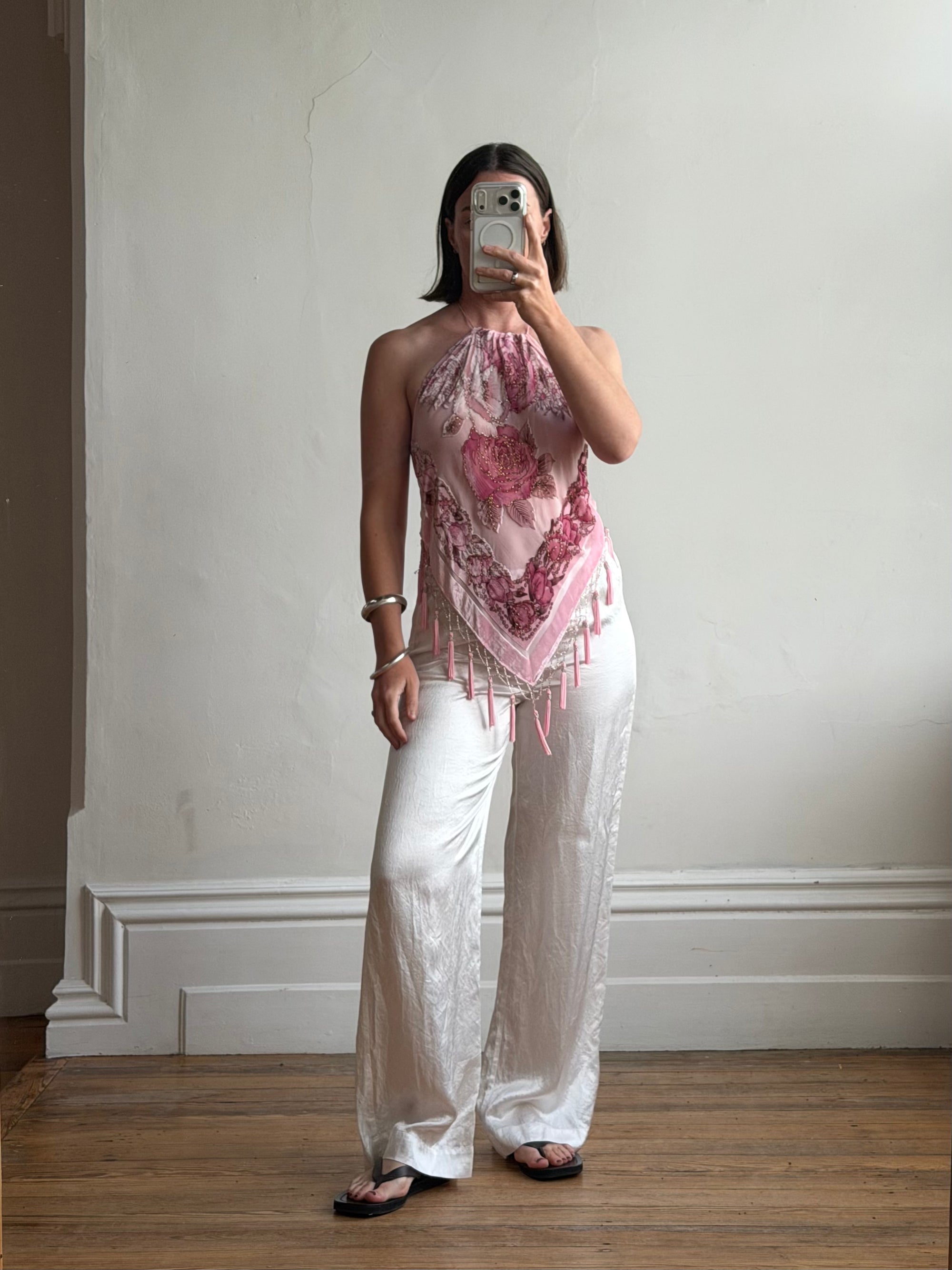 Vintage Y2K Rose Silk Beaded Fringe Halter Top