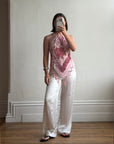 Vintage Y2K Rose Silk Beaded Fringe Halter Top