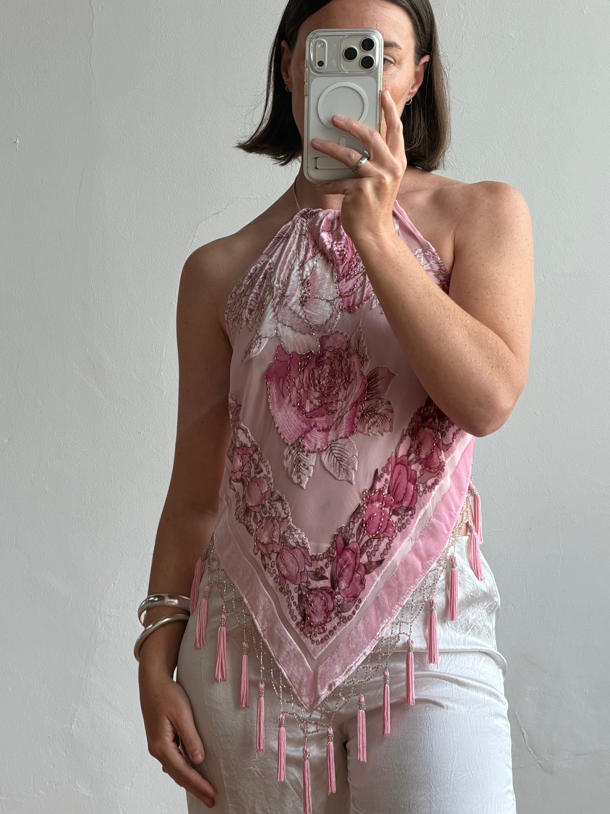 Vintage Y2K Rose Silk Beaded Fringe Halter Top