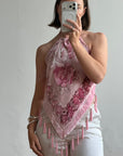 Vintage Y2K Rose Silk Beaded Fringe Halter Top