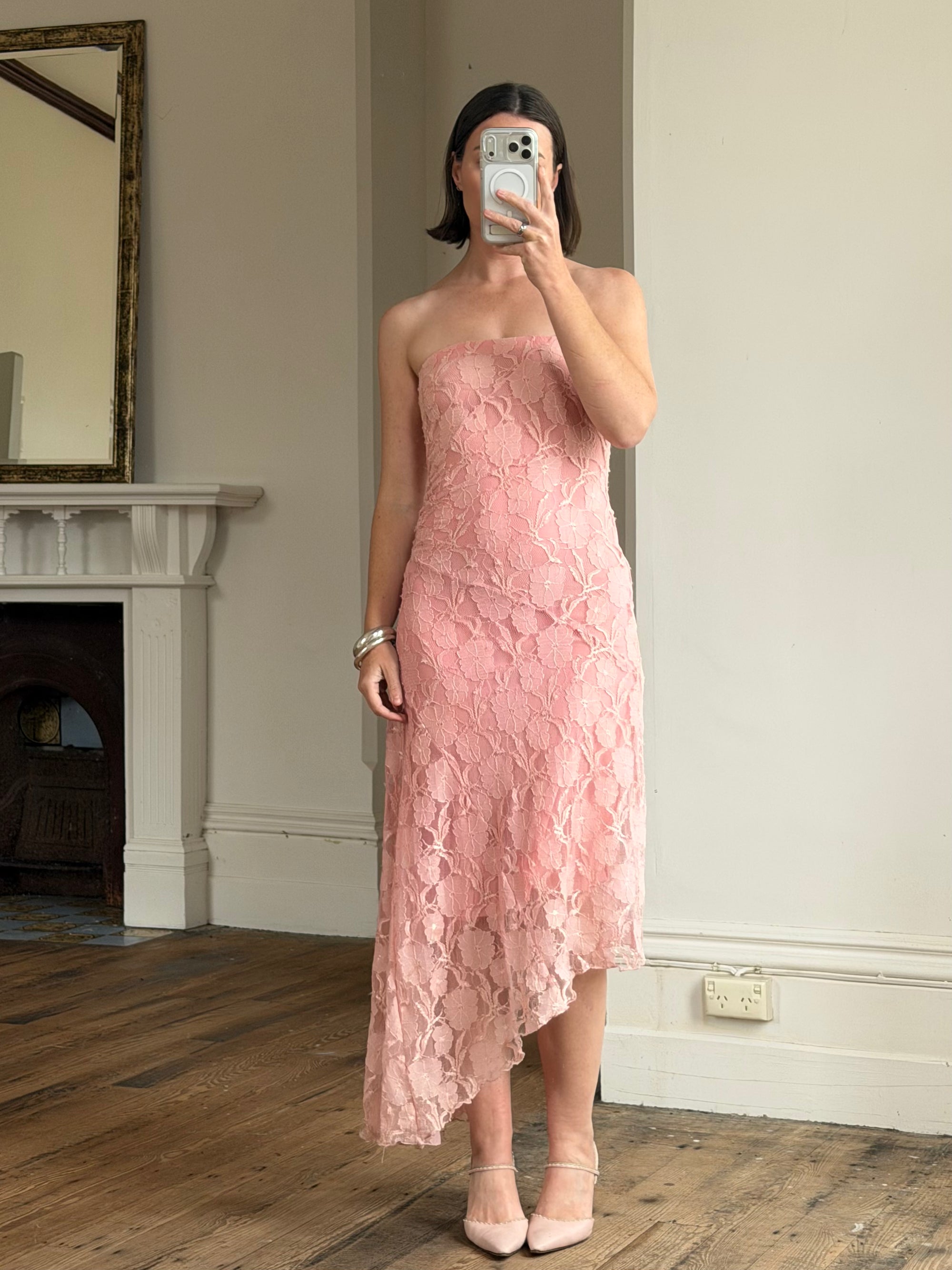 Vintage Y2K Blush Floral Lace Strapless Mini Dress